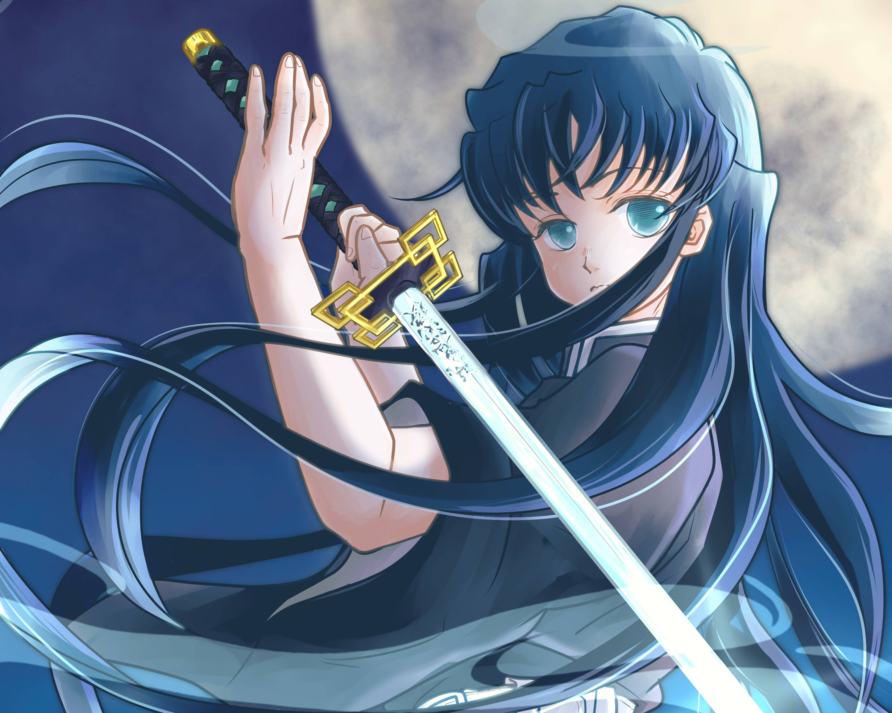 Muichiro Tokito, blue-haired anime girl, glowing eyes, 2K Desktop Wallpaper