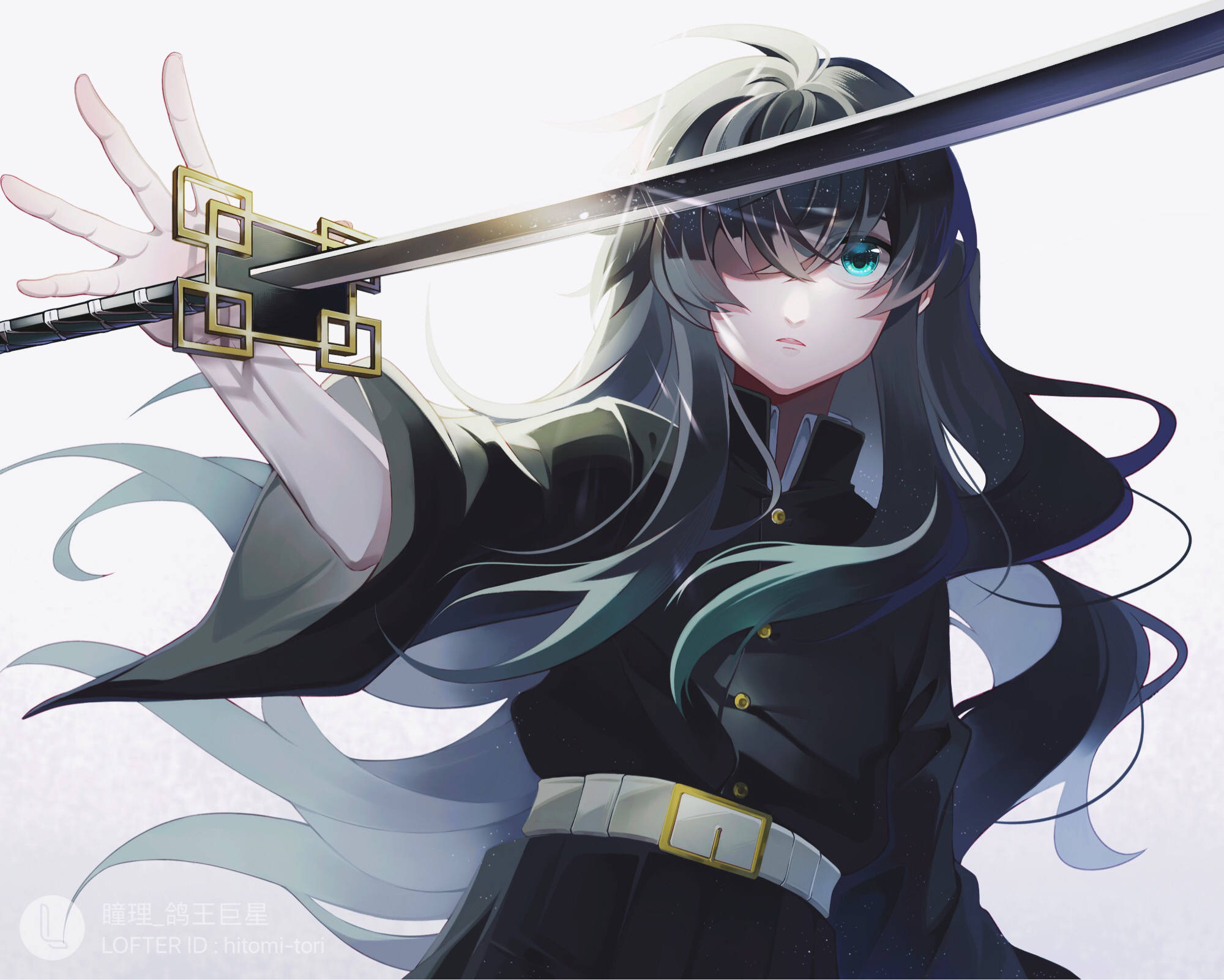 Muichiro Tokito, long dark hair, one teal eye, Full HD Desktop Wallpaper