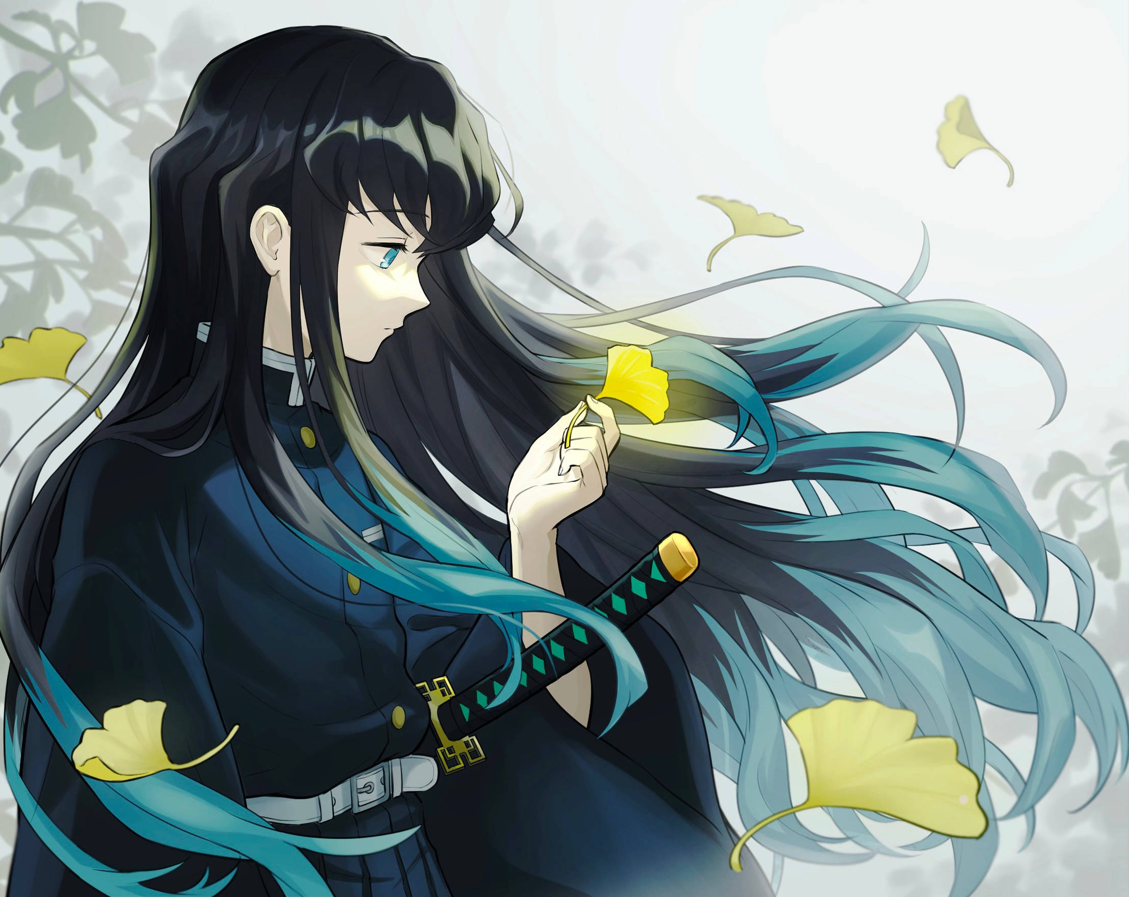 Muichiro Tokito, long black and teal hair, yellow ginkgo leaf, Full HD Desktop Wallpaper