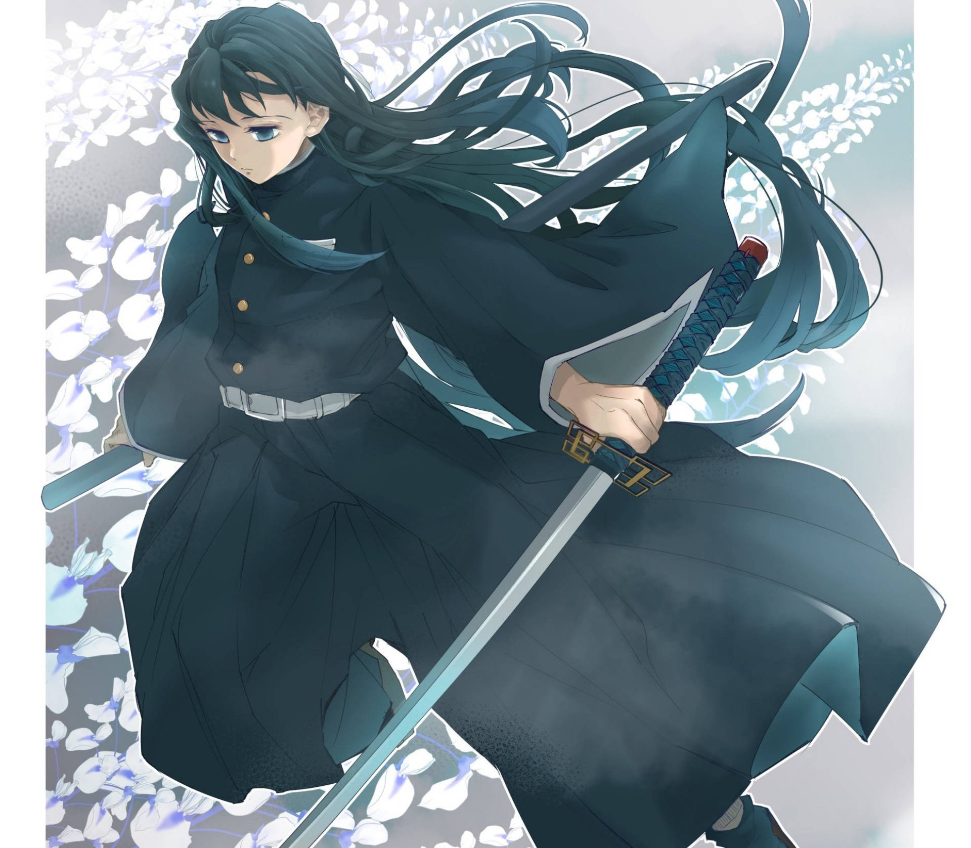 Muichiro Tokito, katana, long dark hair, Full HD Desktop Wallpaper