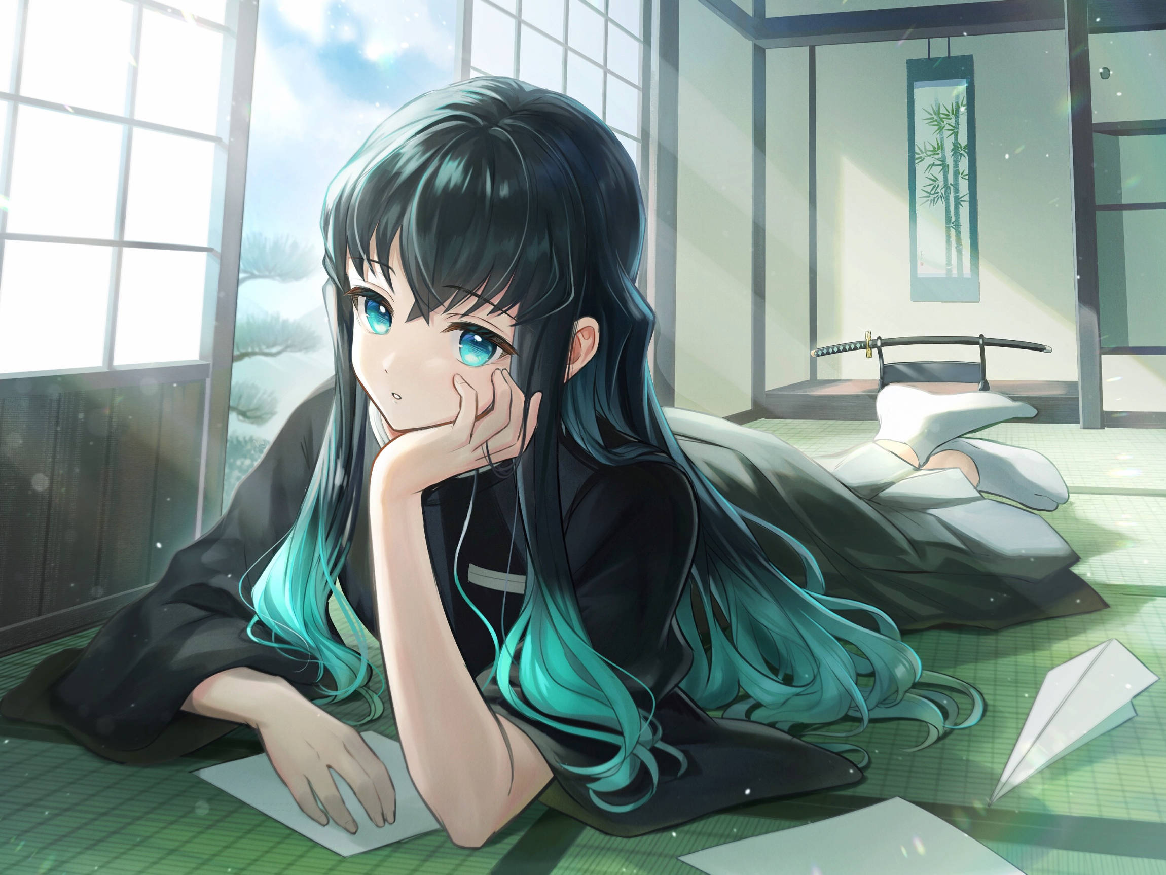 Muichiro Tokito, teal-tipped black hair, tatami mat, Full HD Desktop Wallpaper