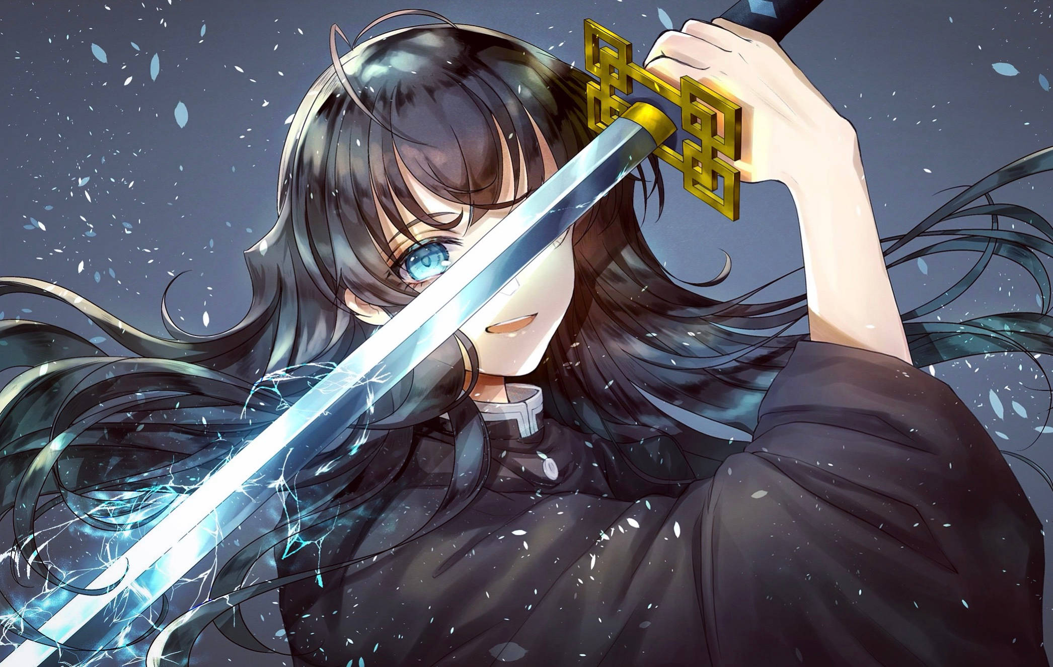 Muichiro Tokito, long dark hair, glowing sword, Full HD Desktop Wallpaper