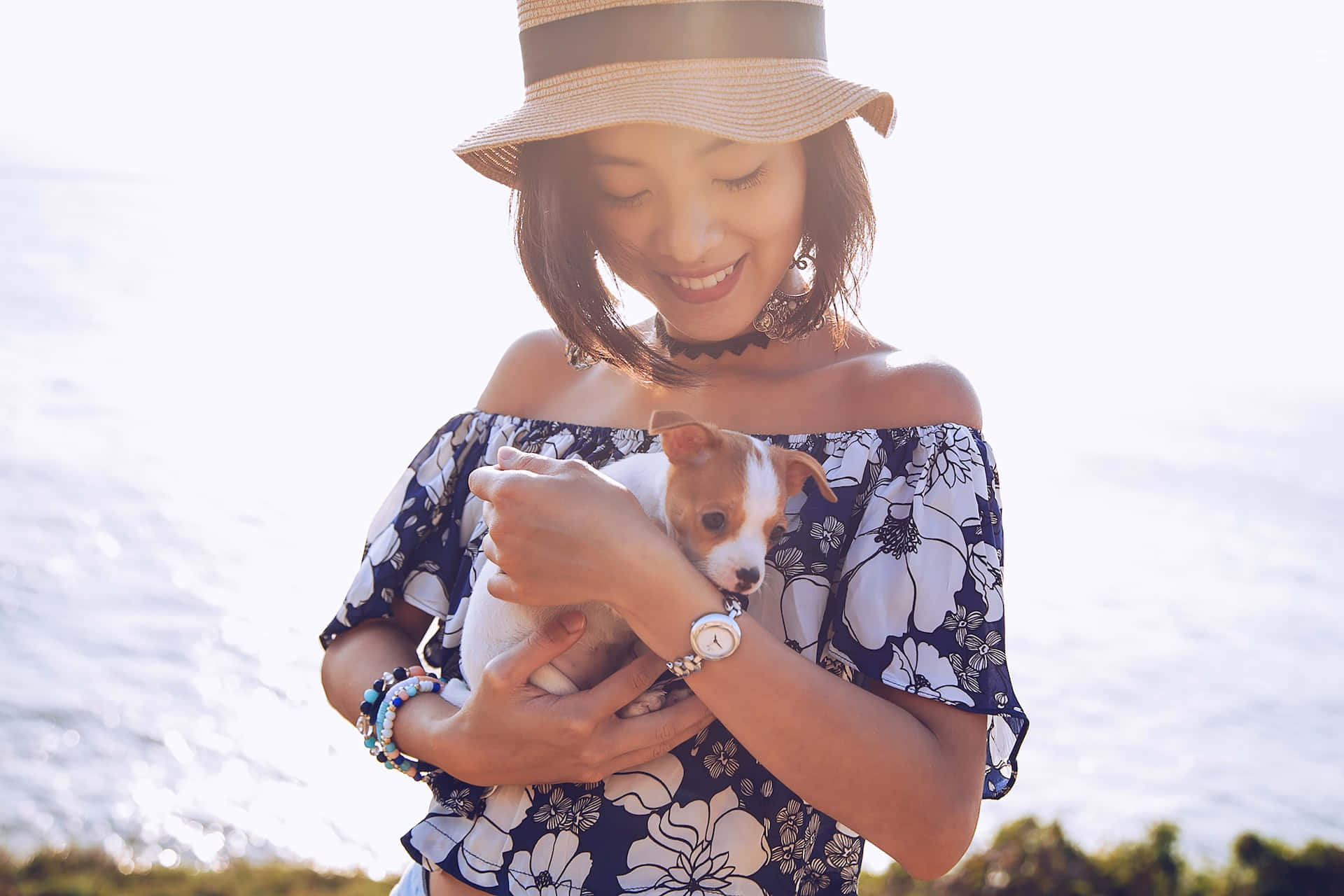 woman, puppy, floral top, Full HD Desktop Wallpaper