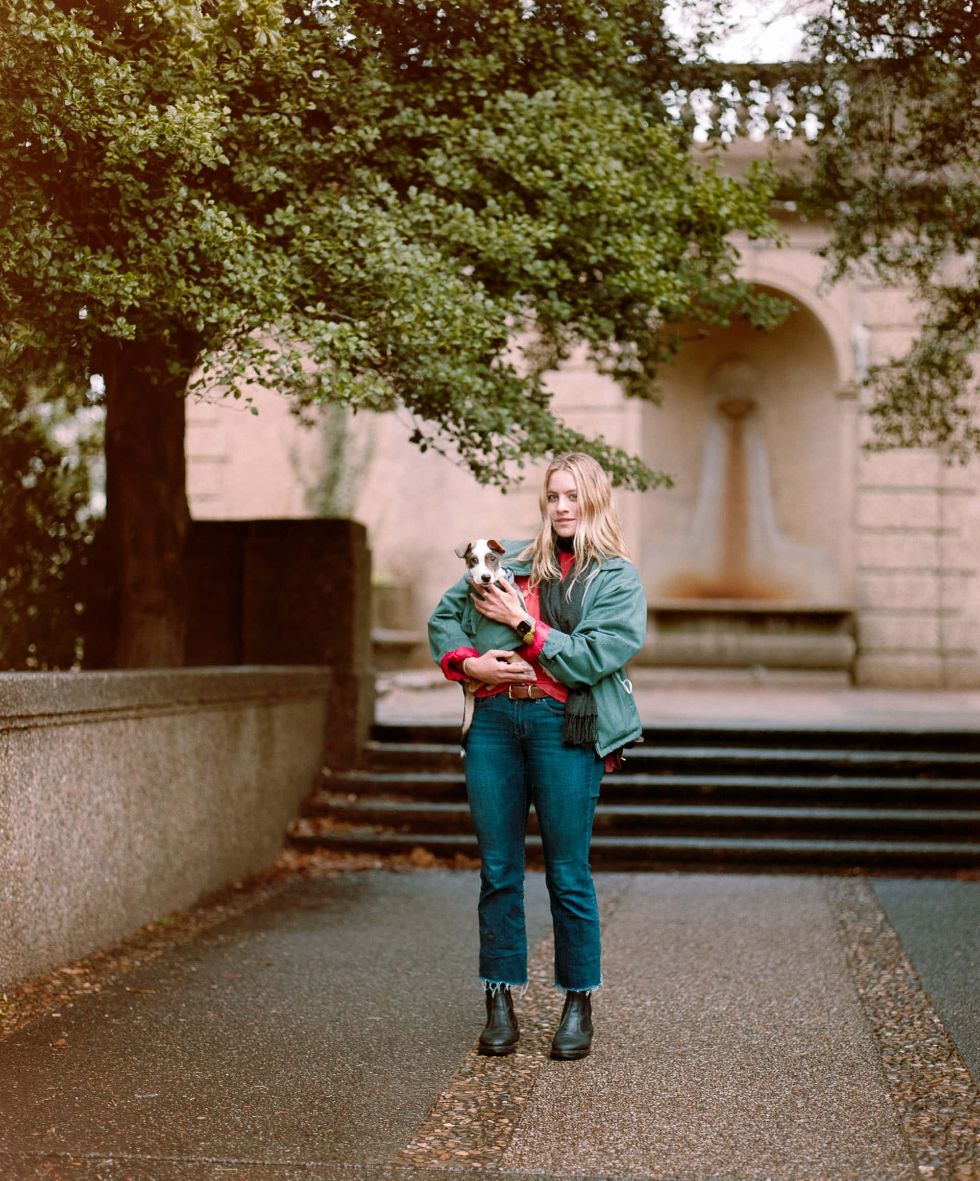 teal jacket, small dog, stone path, Full HD Phone Wallpaper