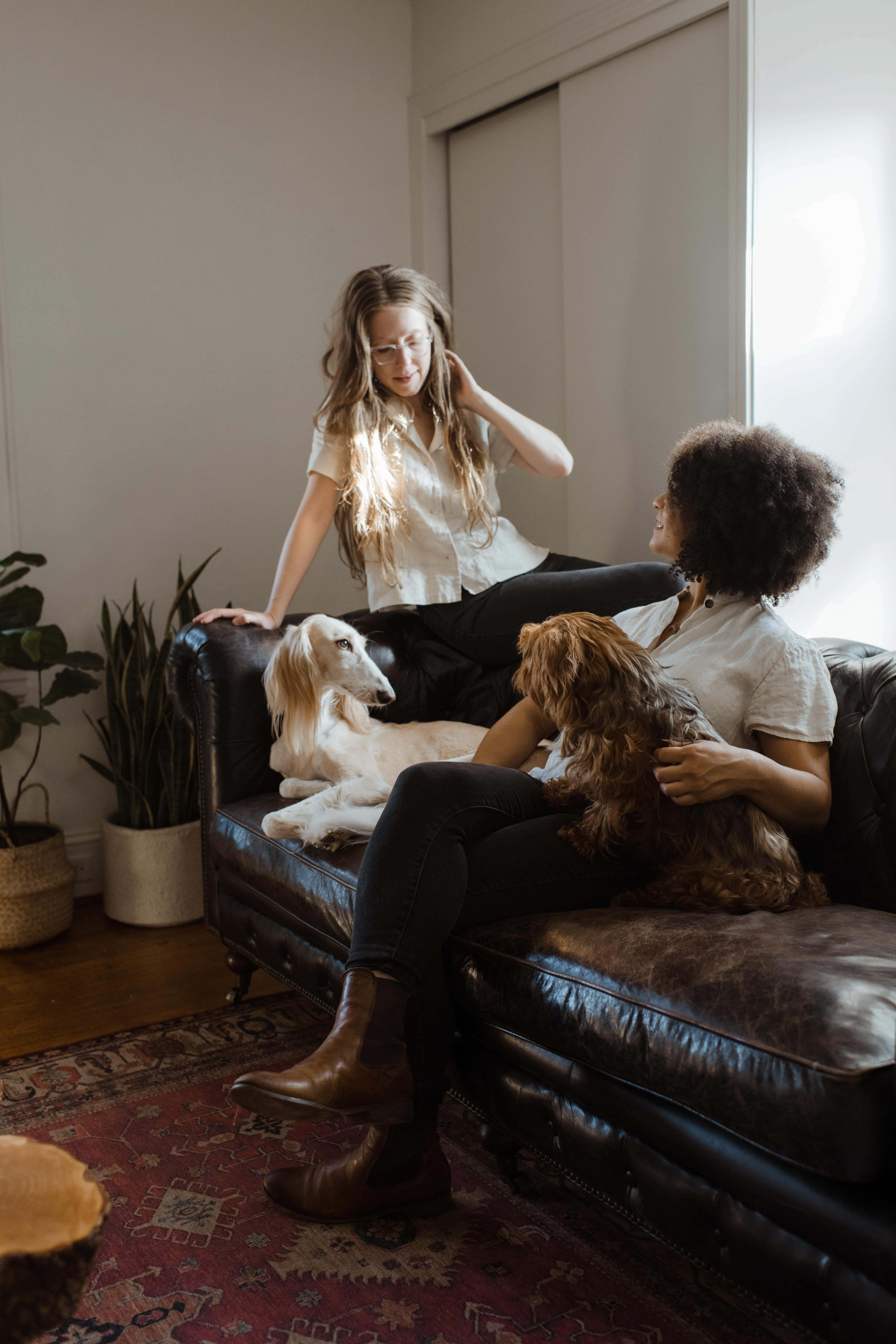 Mujeres Lesbianas, leather couch, sunlit cozy living room, 8K Phone Wallpaper