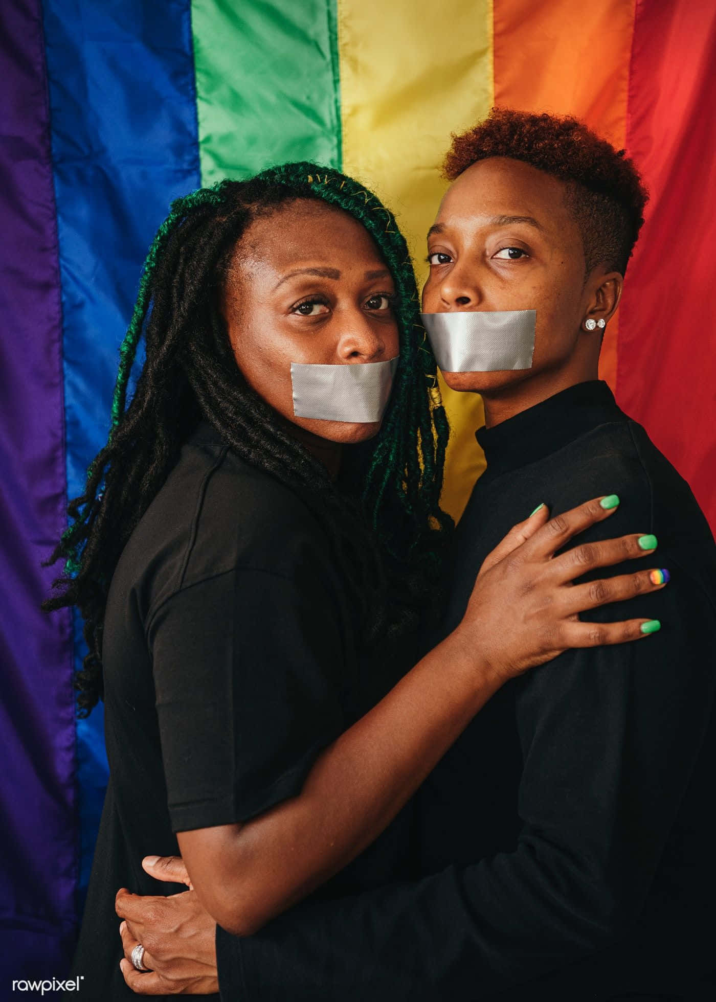 Mujeres Lesbianas, rainbow flag, tape over mouths, Full HD Phone Wallpaper