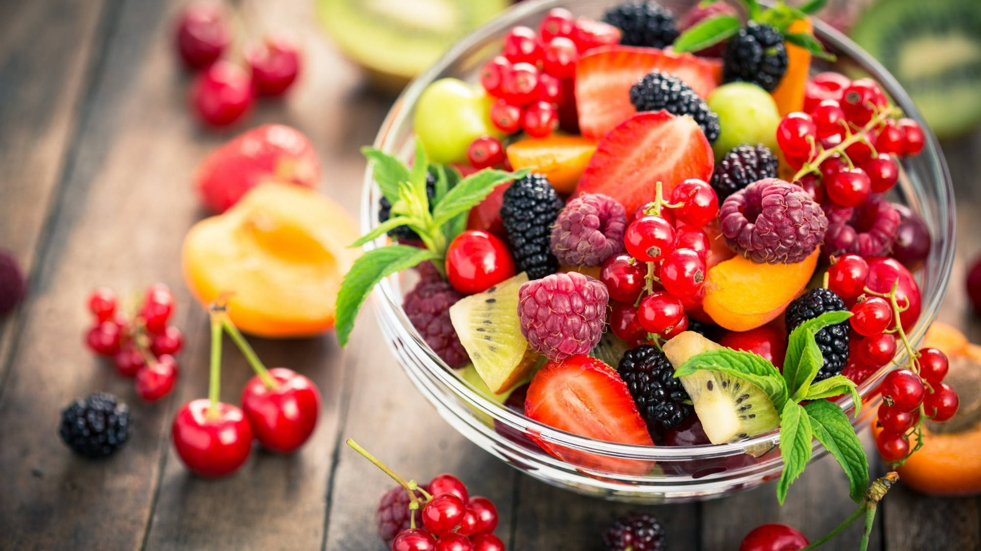 Mulberry, fruit salad, glass bowl, Full HD Desktop Wallpaper