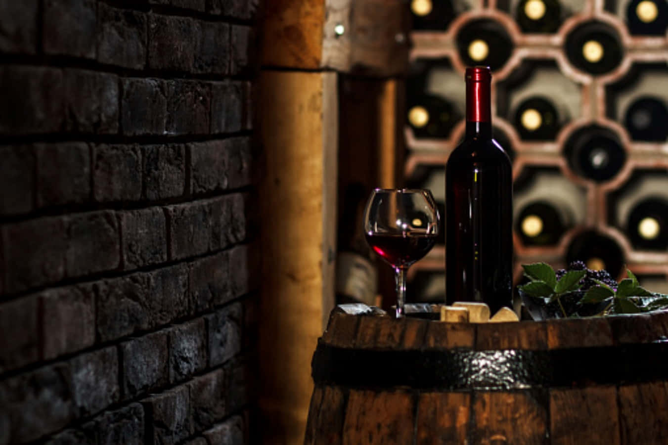 blackberry wine, dark red wine bottle, wooden barrel, HD Desktop Wallpaper
