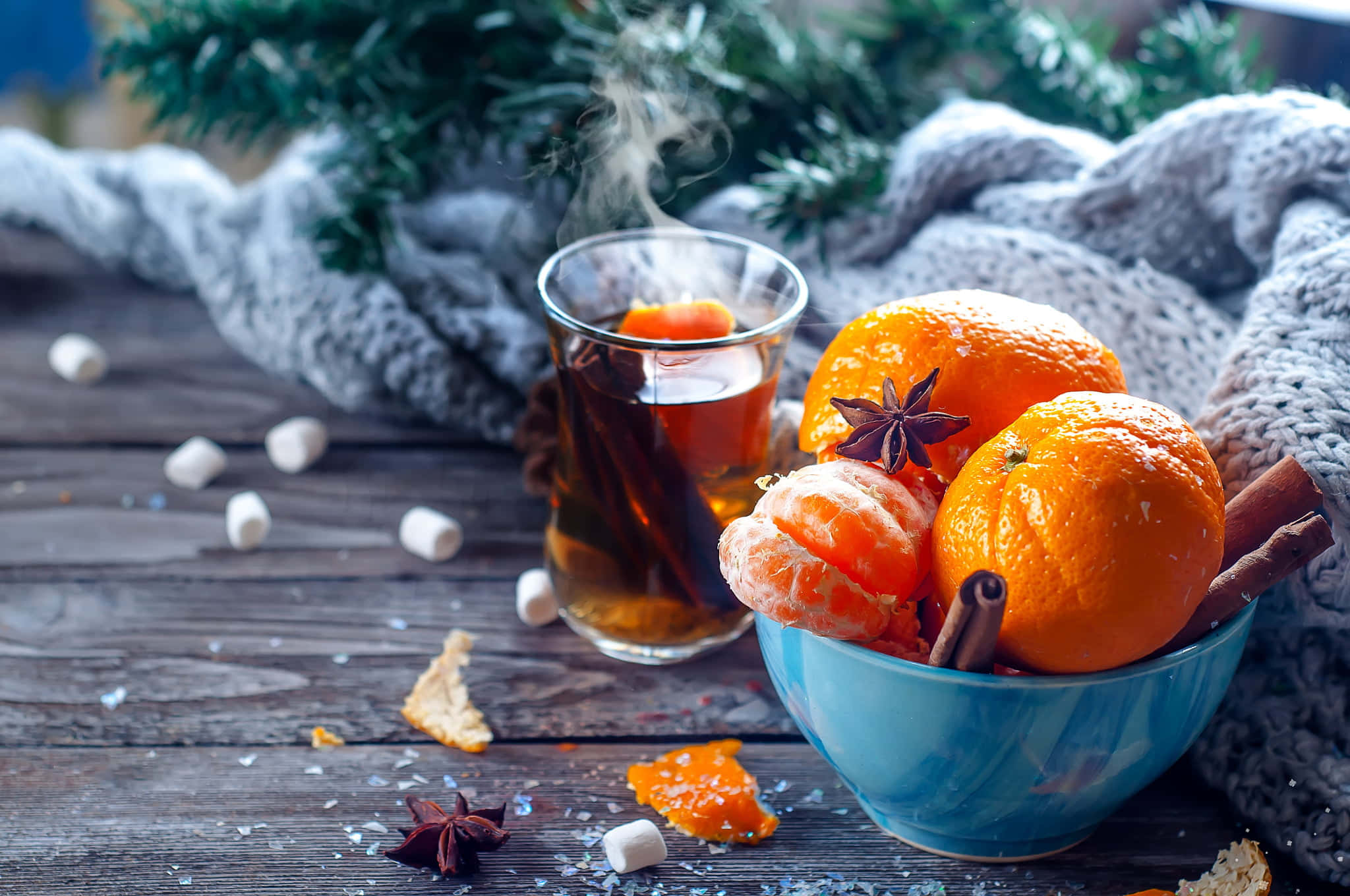 Mulled Wine, steaming cup of spiced tea, bowl of oranges, Full HD Desktop Wallpaper