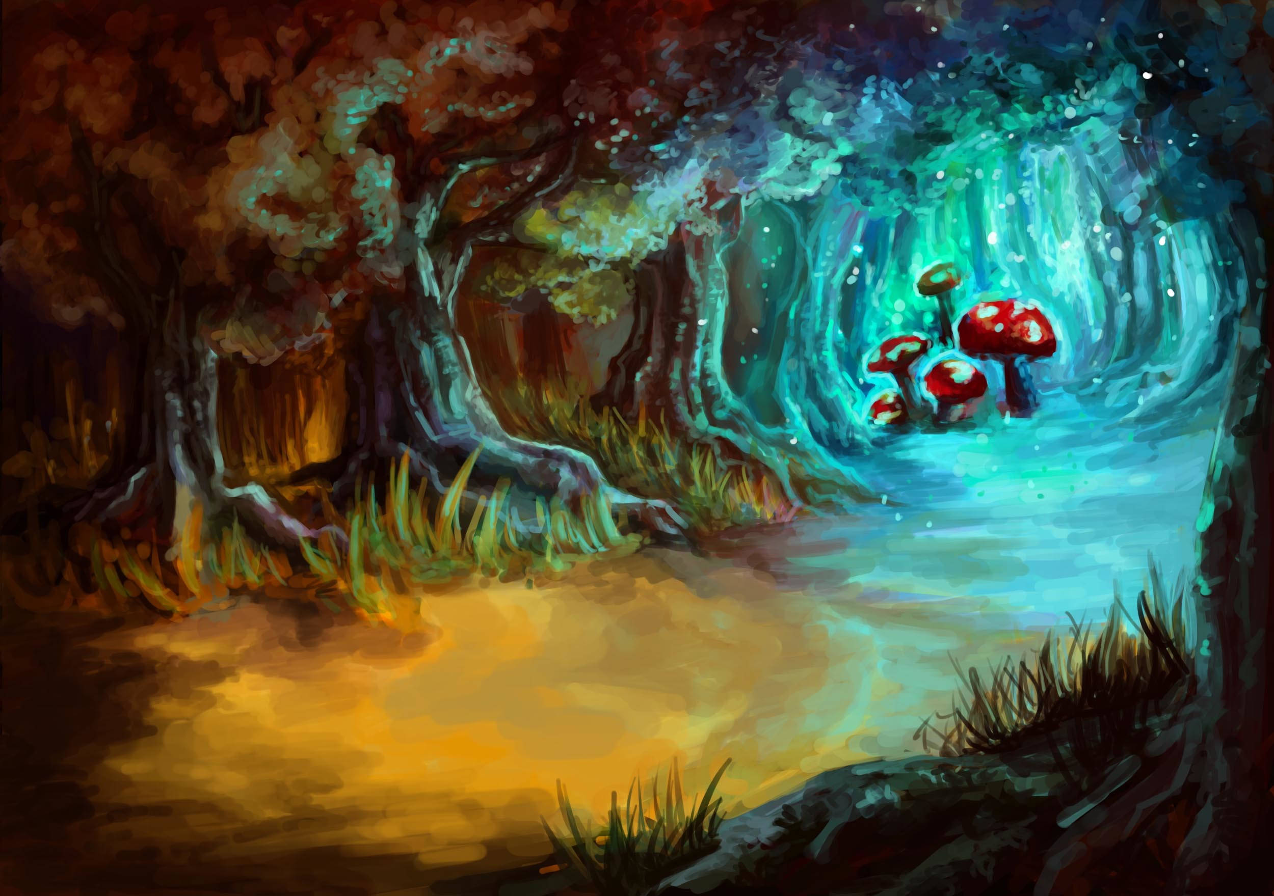 Psychedelic Mushroom, mystical forest path, warm amber light, Full HD Desktop Wallpaper