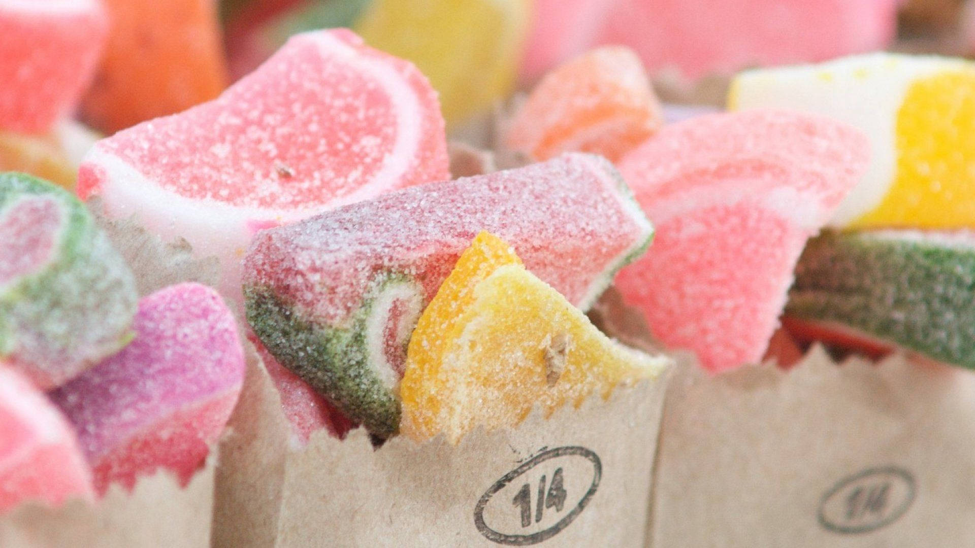brown paper bags, 14, sugared fruit-flavored gummy candies, Full HD Desktop Wallpaper