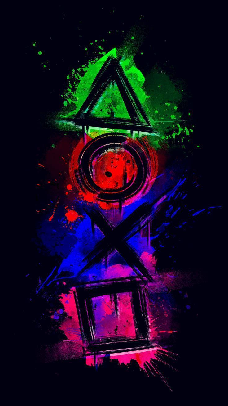 PlayStation controller buttons, neon paint splatters, black background, HD Phone Wallpaper