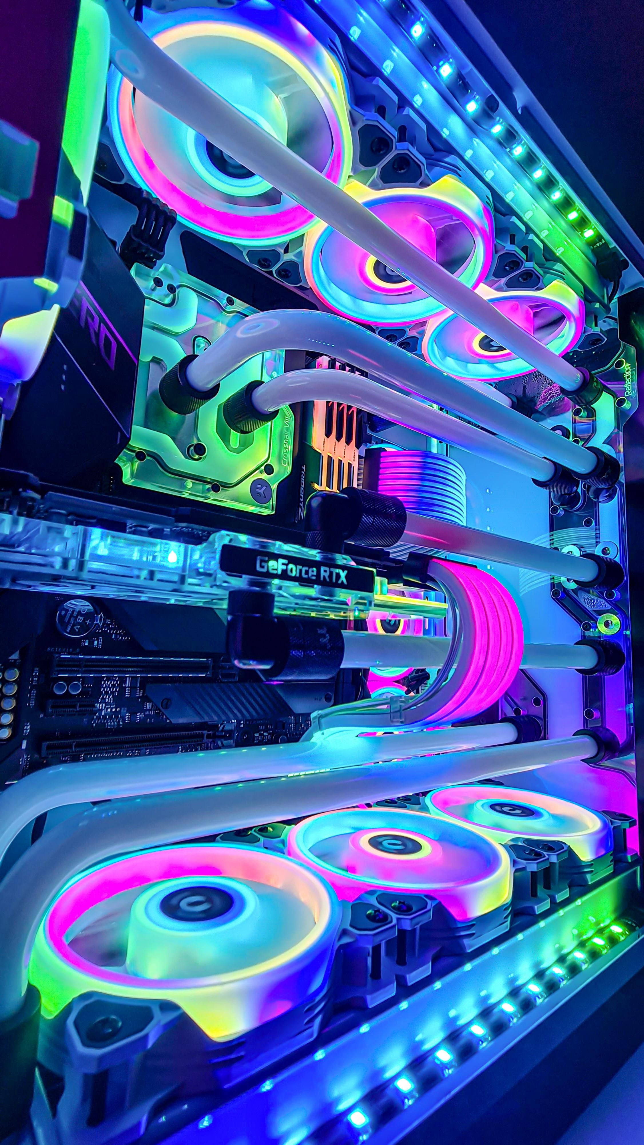 multicolor gaming pc, RGB fans, liquid cooling tubes, 4K Phone Wallpaper