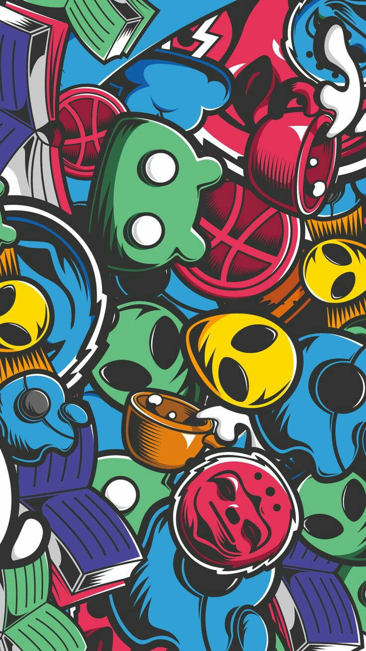 multicolor abstract drawing, graffiti-style collage, cartoonish skulls, HD Phone Wallpaper