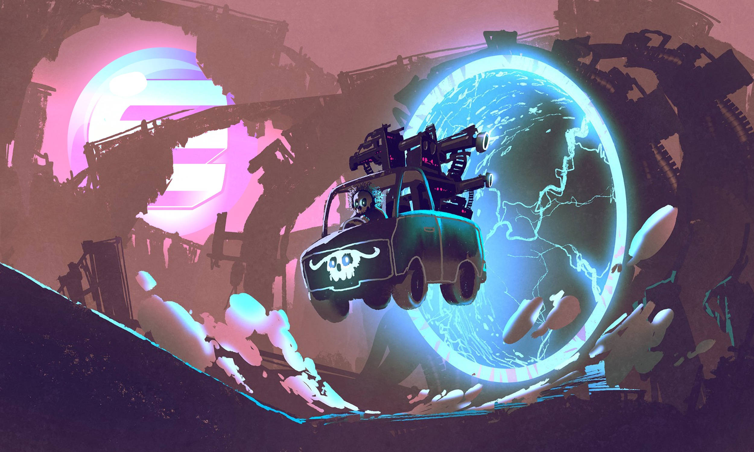 Multiverse, skull-emblazoned van, glowing portal, Full HD Desktop Wallpaper