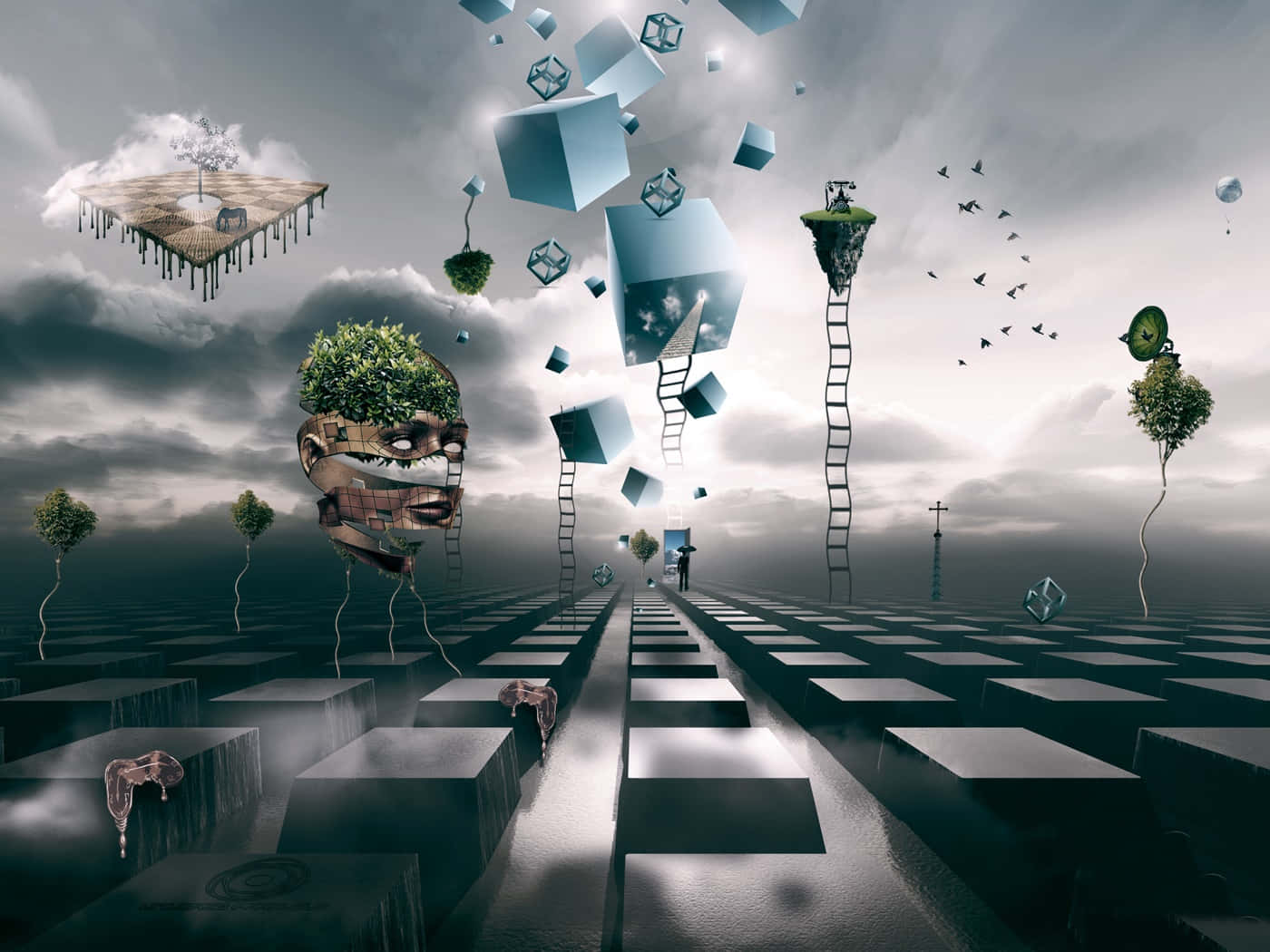 parallel universe, checkered path, floating islands, HD Desktop Wallpaper