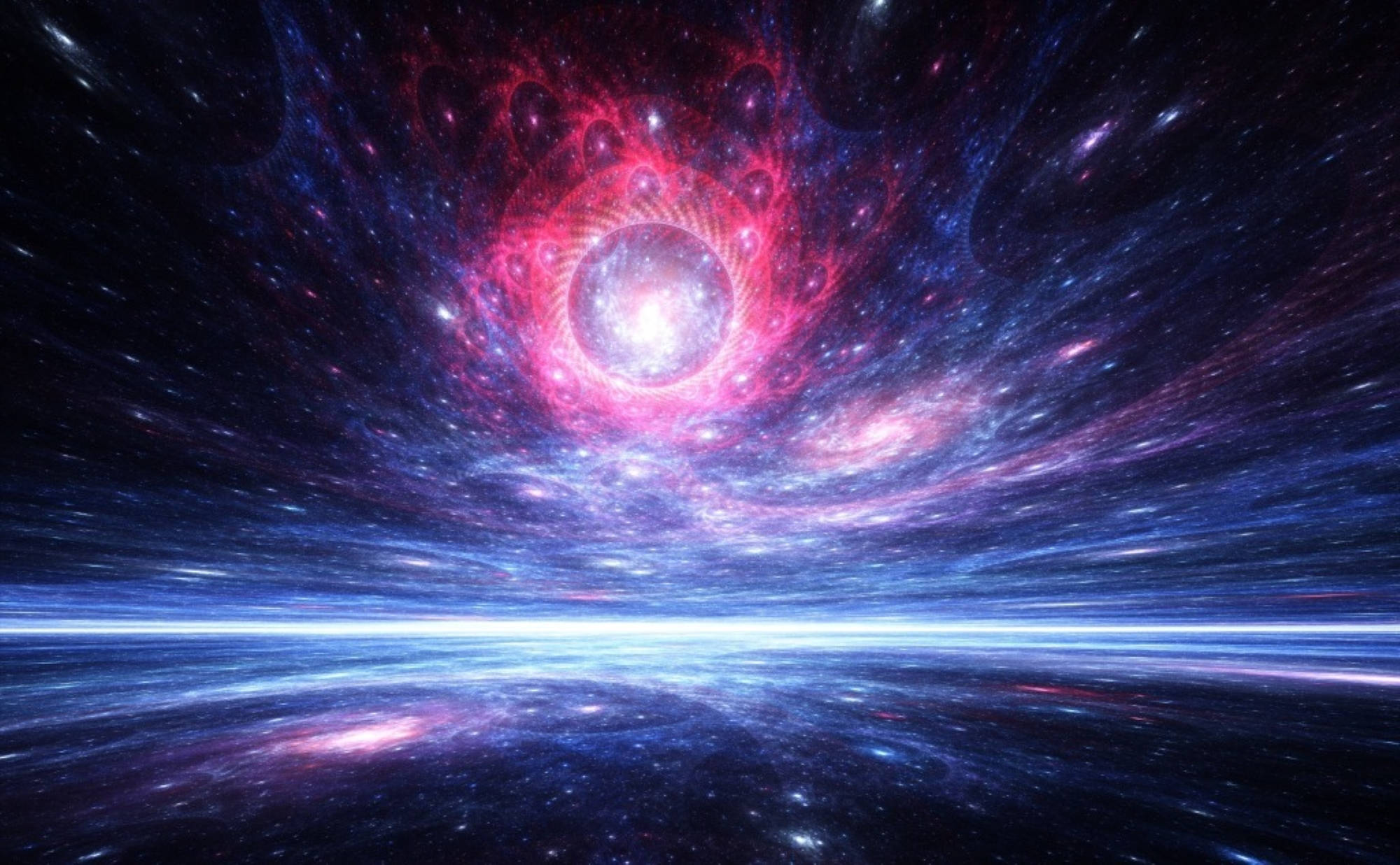 Multiverse, pink and blue nebulae, glowing central orb, Full HD Desktop Wallpaper