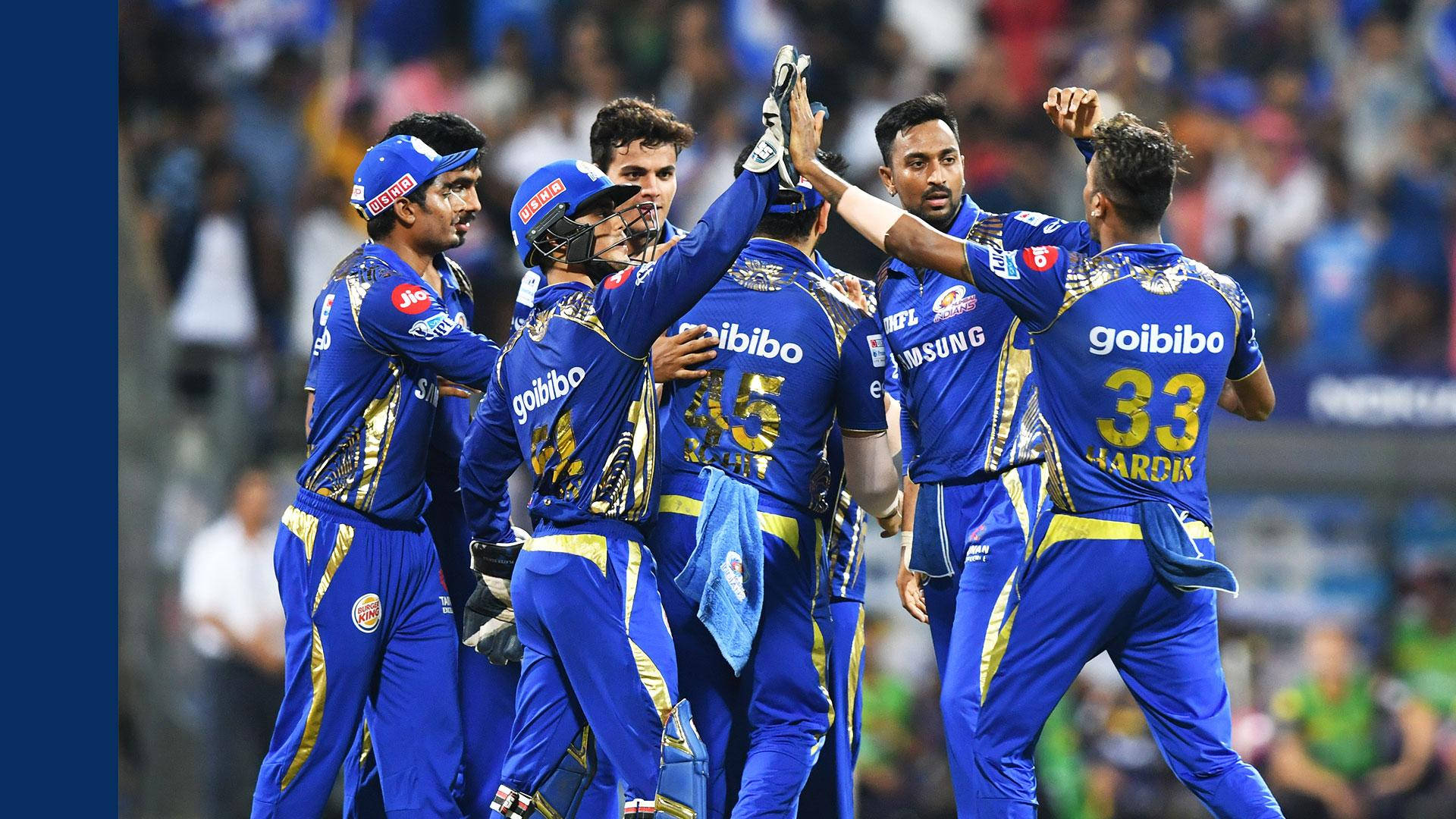 Mumbai Indians, blue and gold uniforms, stadium lights, Full HD Desktop Wallpaper