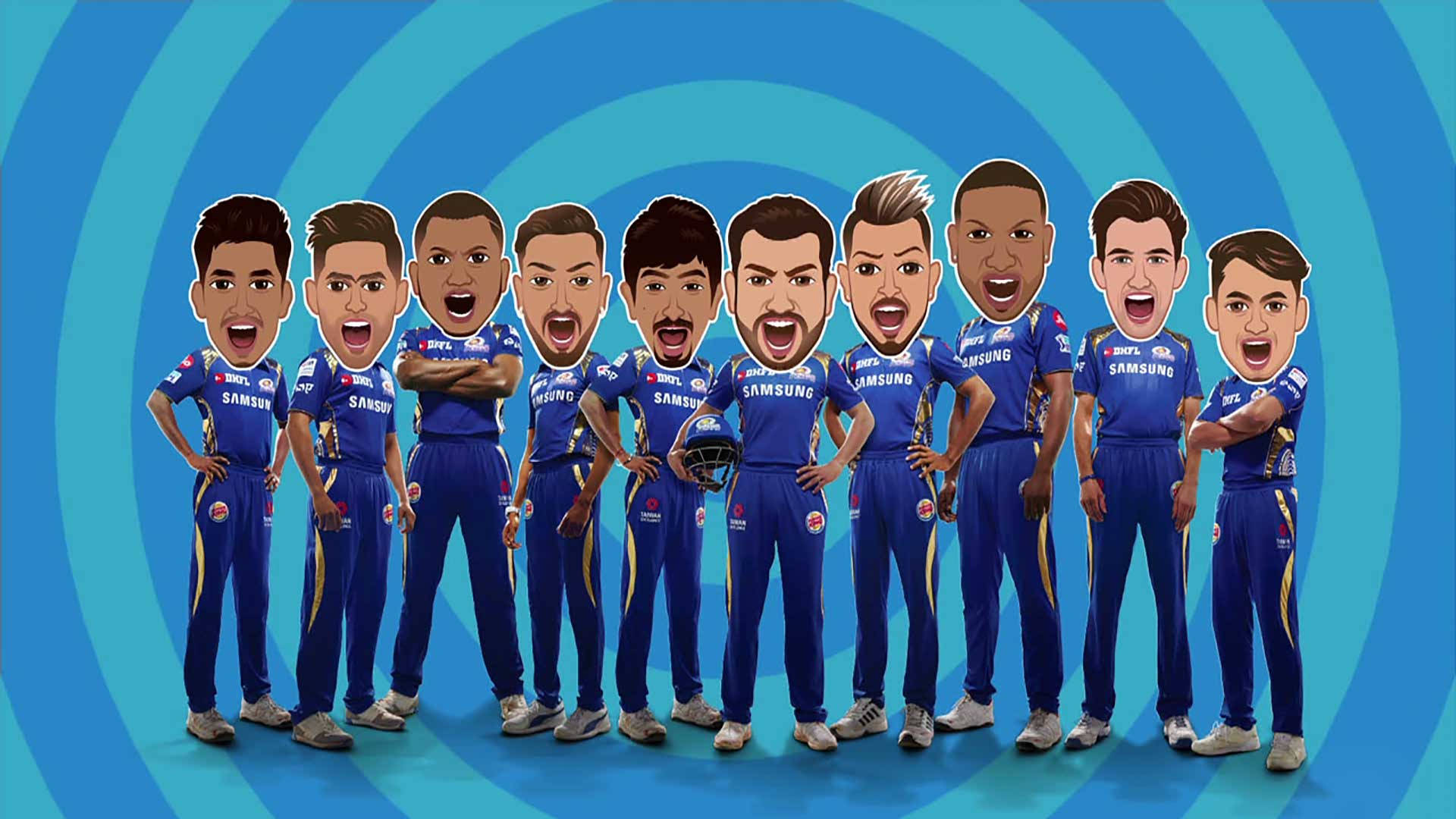 Mumbai Indians, cartoon-style, blue uniforms, Full HD Desktop Wallpaper