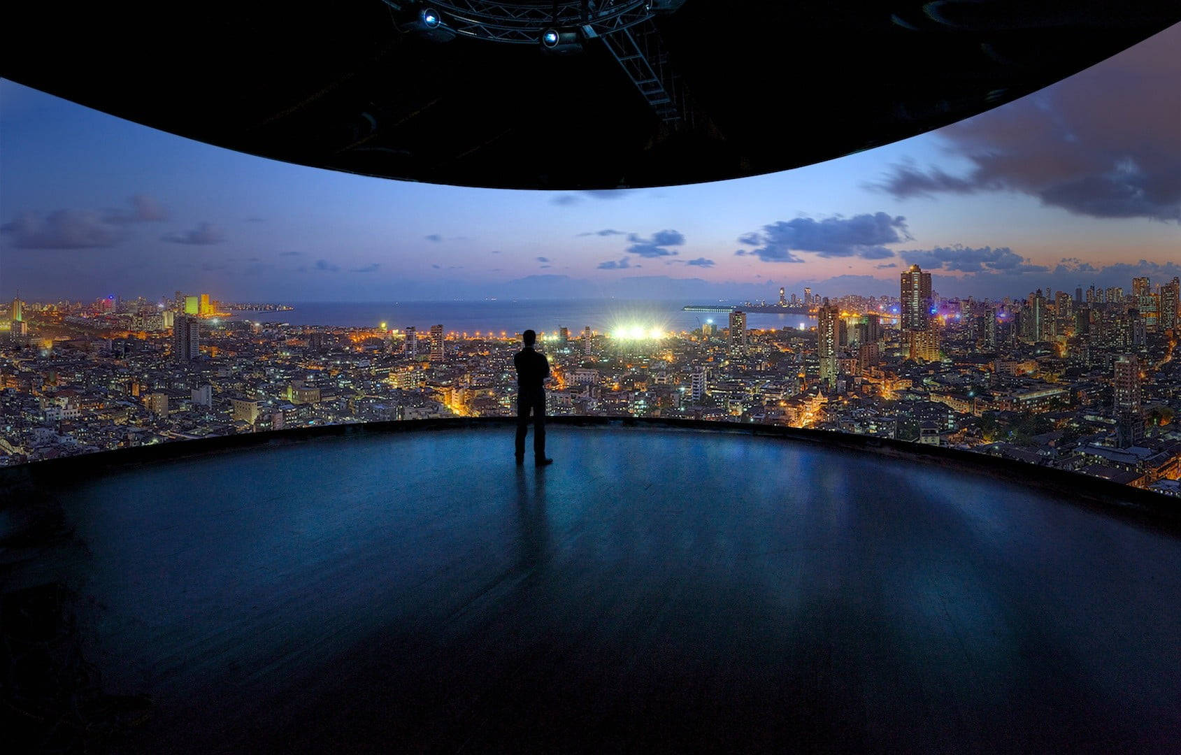 Mumbai, curved rooftop, twilight lights, HD Desktop Wallpaper