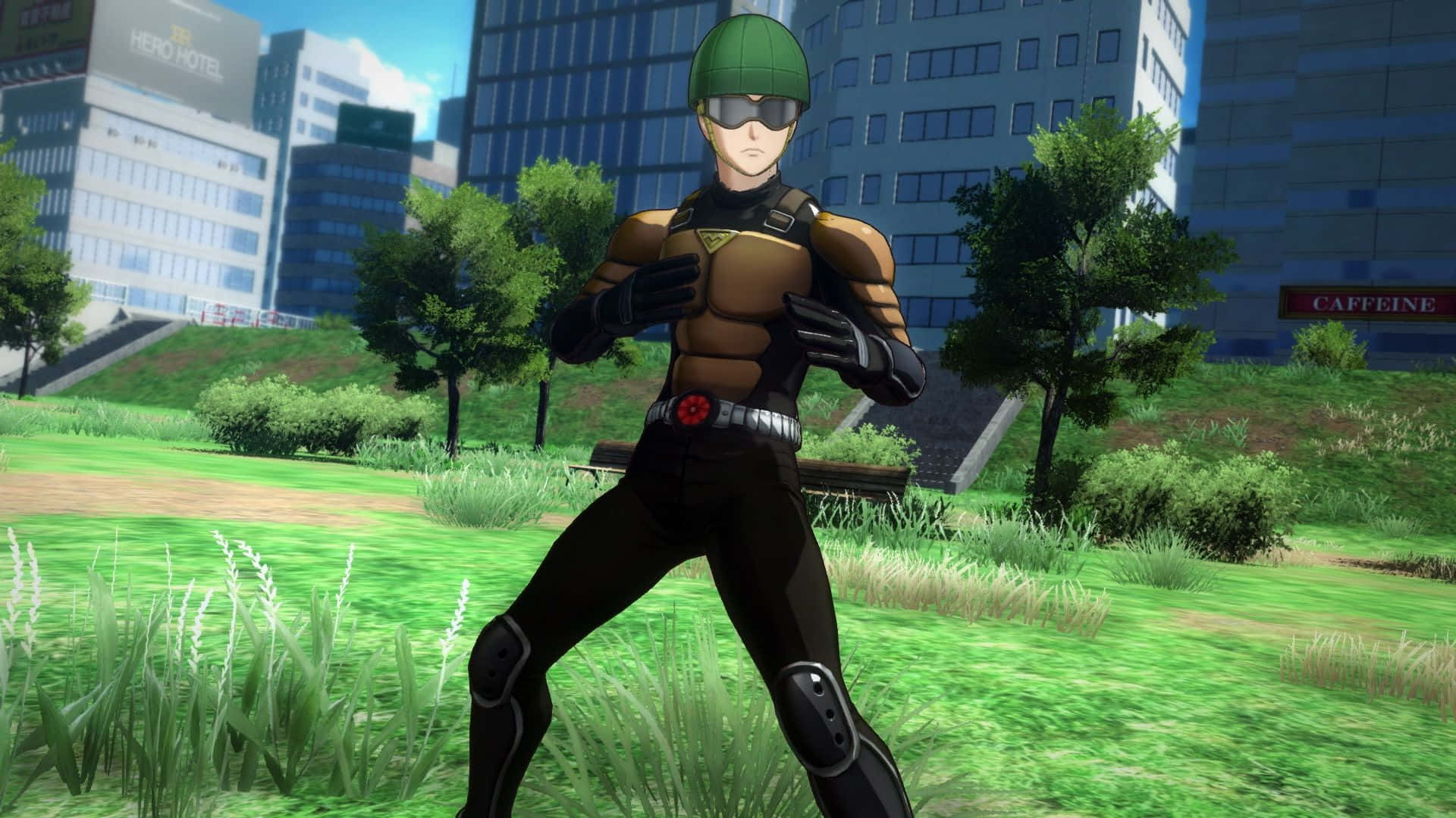 Mumen Rider, brown and black suit, grassy urban park, Full HD Desktop Wallpaper