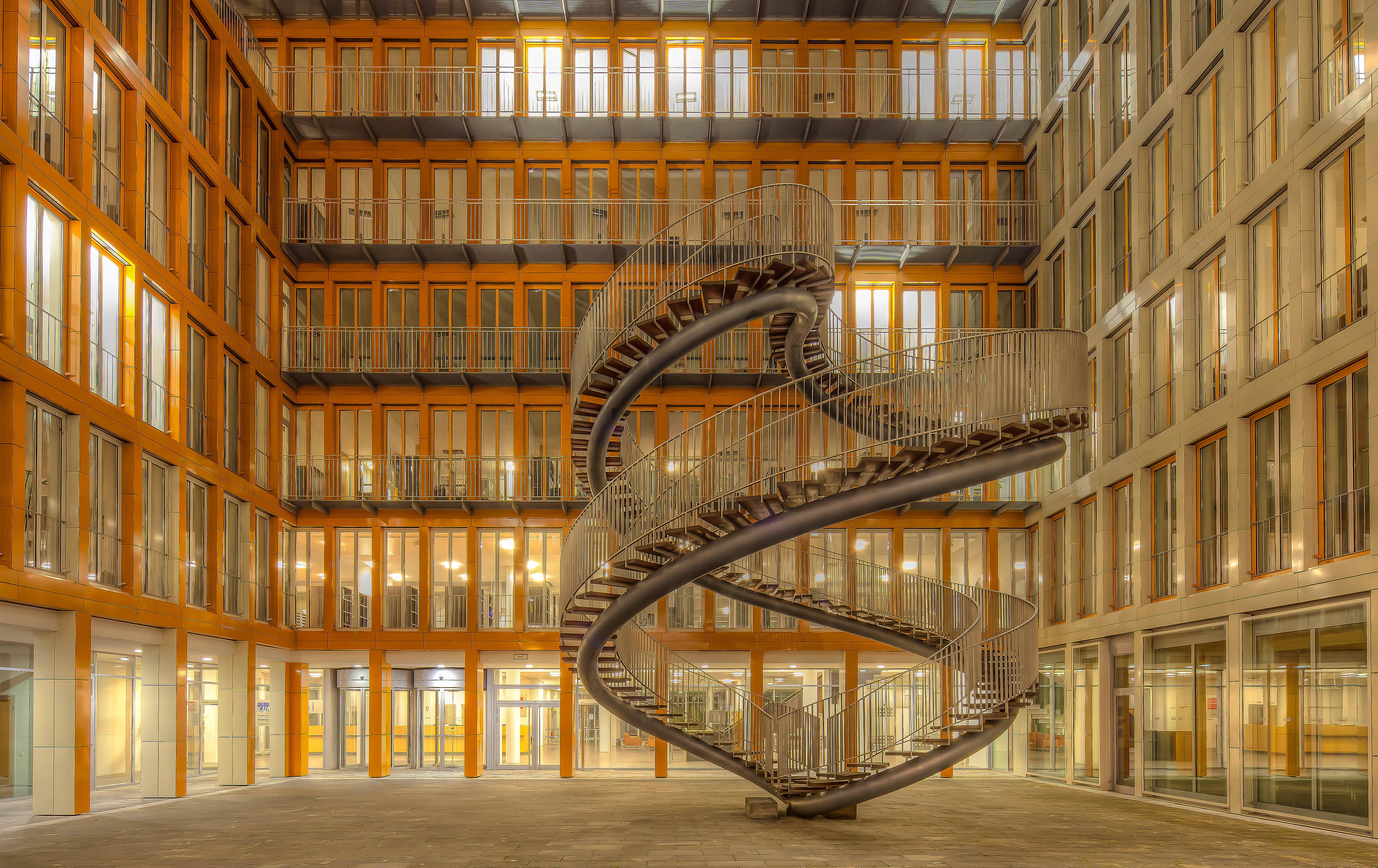 endless staircase, Munich, modern multi-story atrium, 4K Desktop Wallpaper