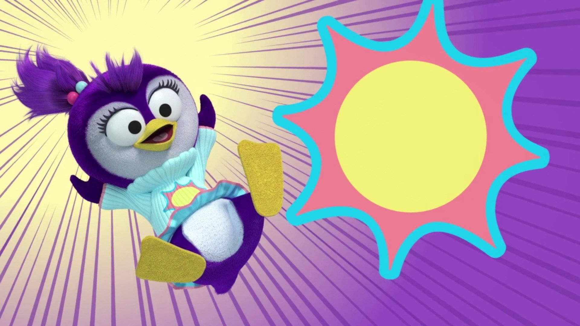 Muppet Babies, purple cartoon penguin, sun-themed outfit, Full HD Desktop Wallpaper