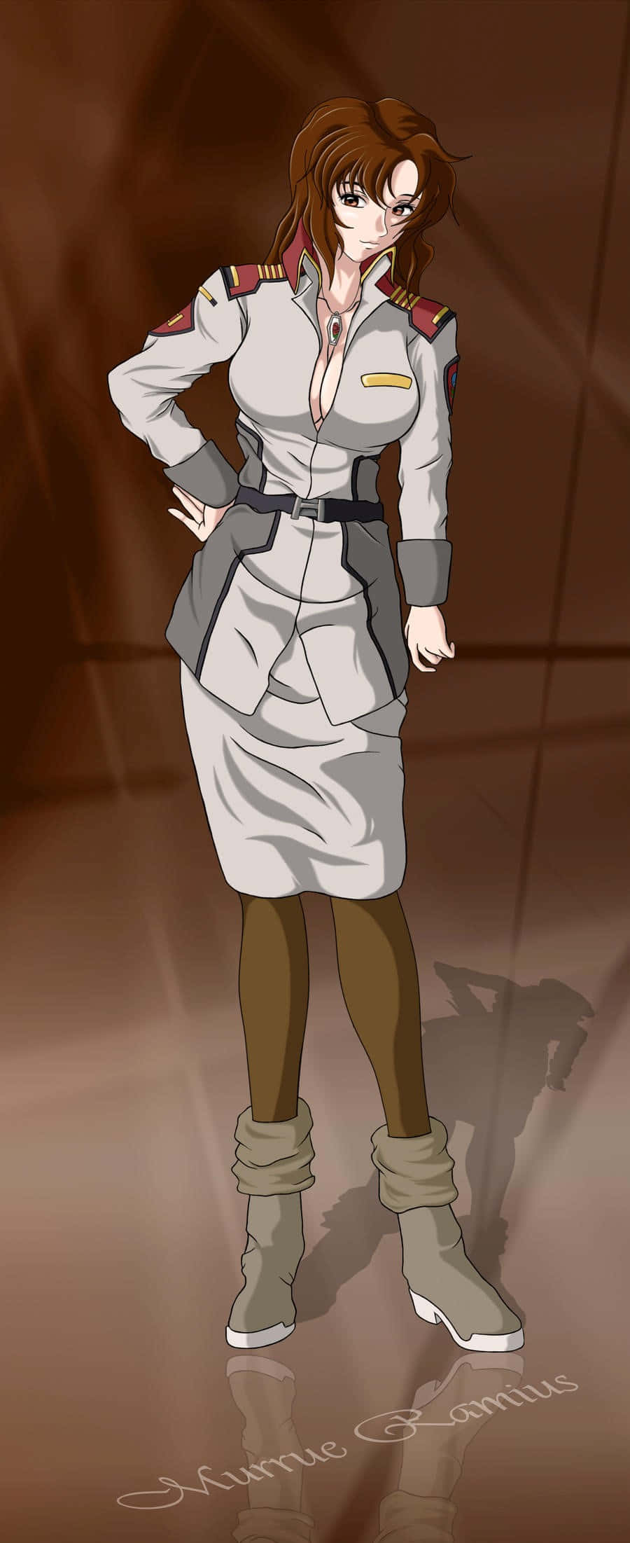 Murrue Ramius, grey military uniform, warm brown background, Full HD Phone Wallpaper