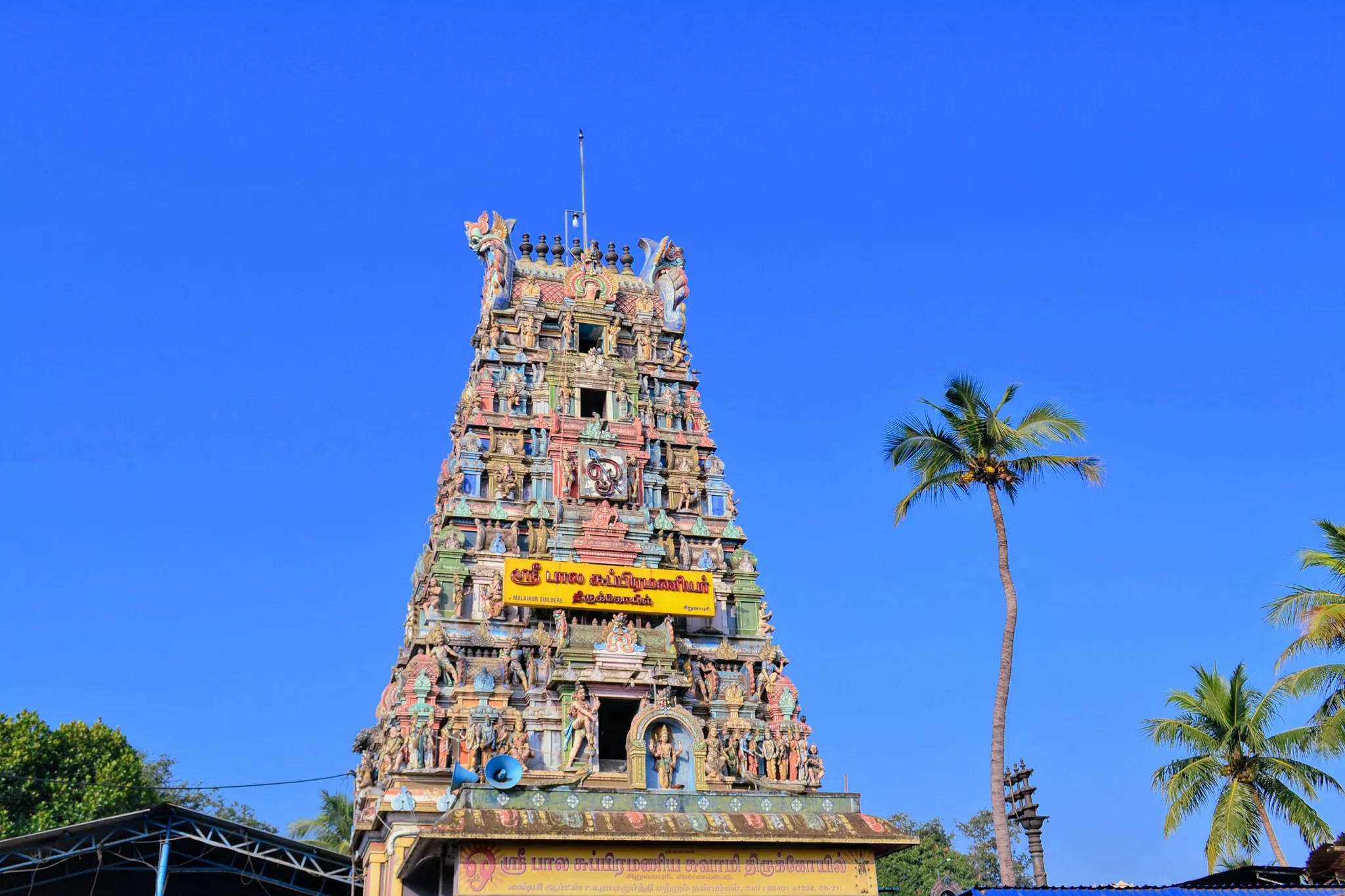 Murugan Temple, Hindu temple tower, clear blue sky, Full HD Desktop Wallpaper