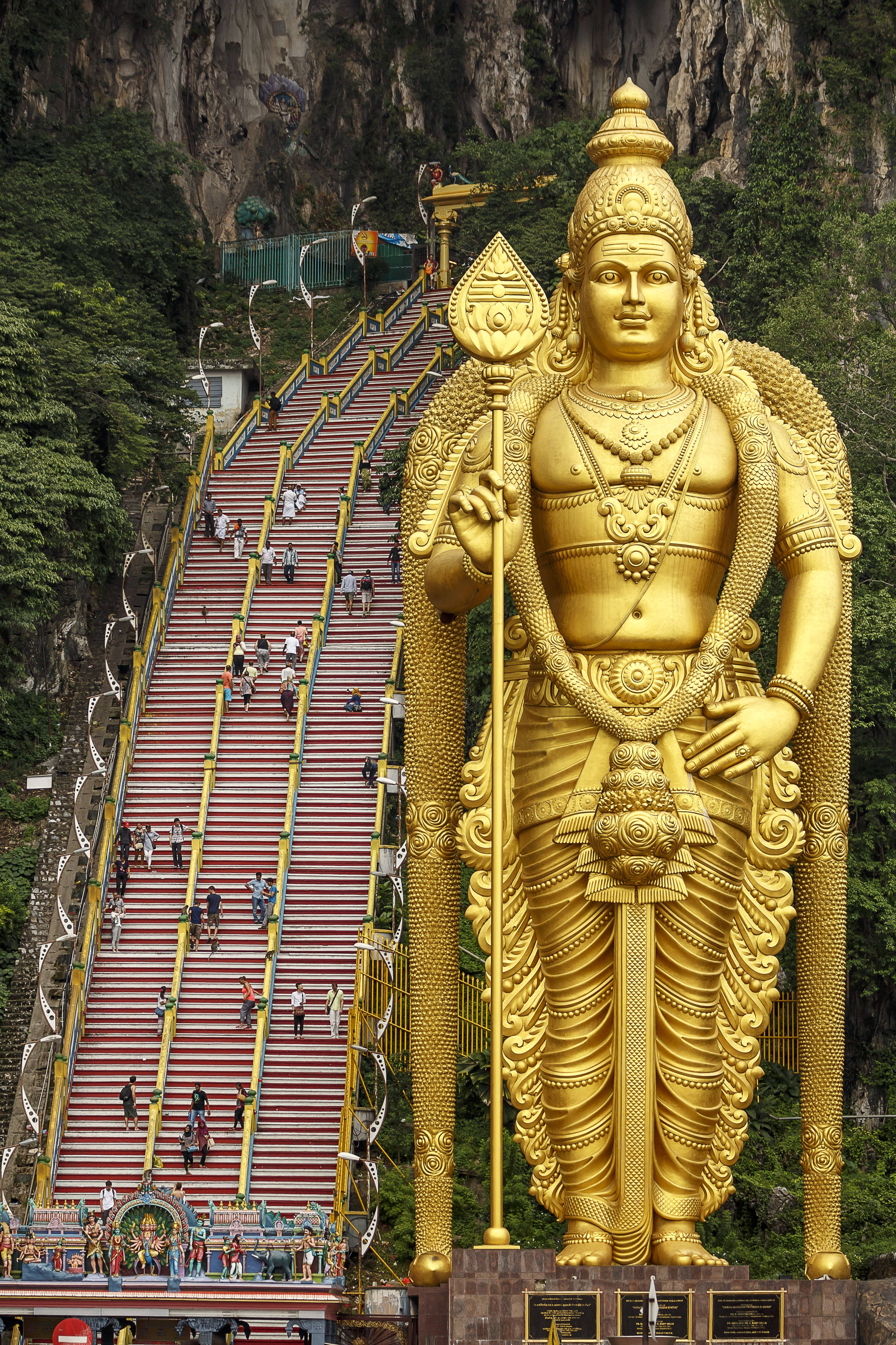 Murugan, golden statue, staircase, 5K Phone Wallpaper