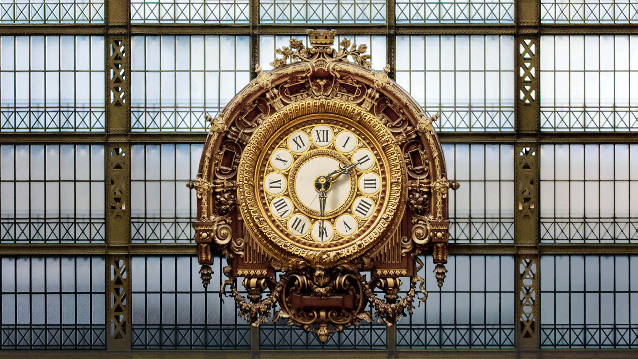 Musée Dorsay, golden clock, Roman numerals, Full HD Desktop Wallpaper