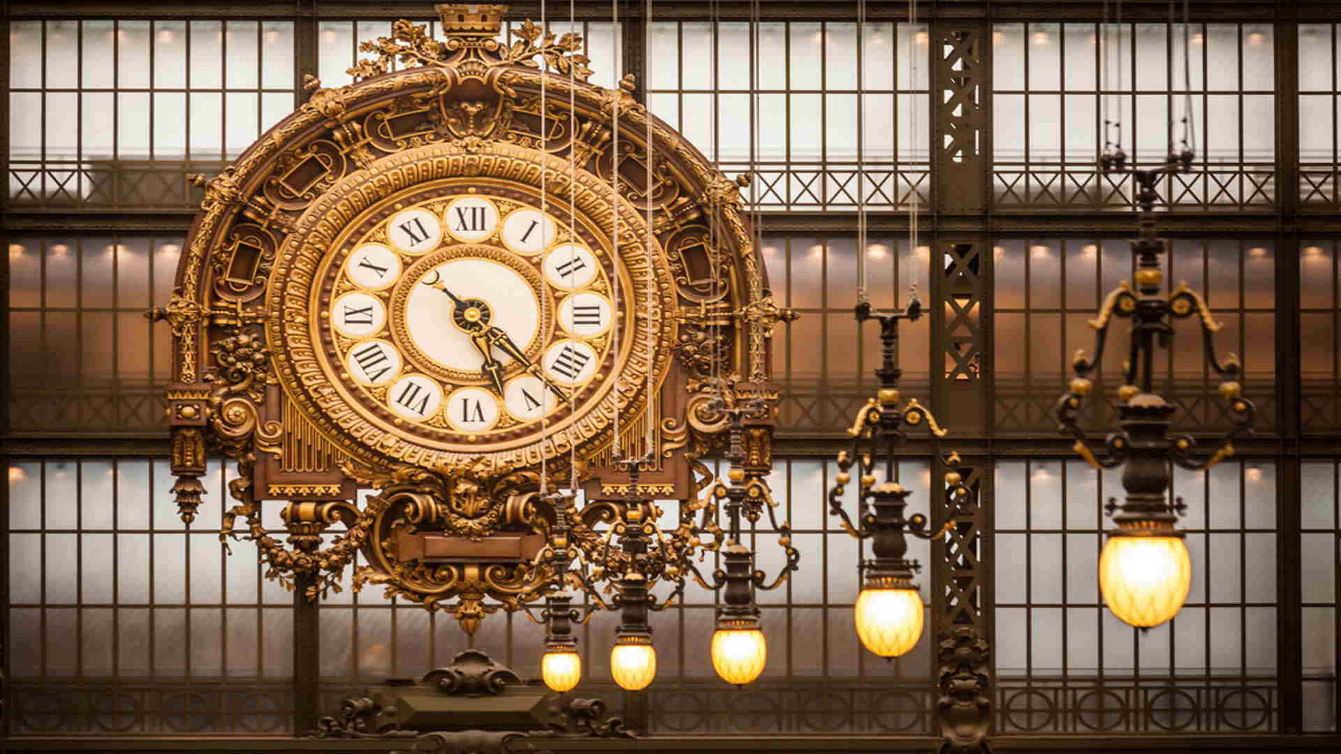 Musée Dorsay, ornate golden clock, Roman numerals, Full HD Desktop Wallpaper