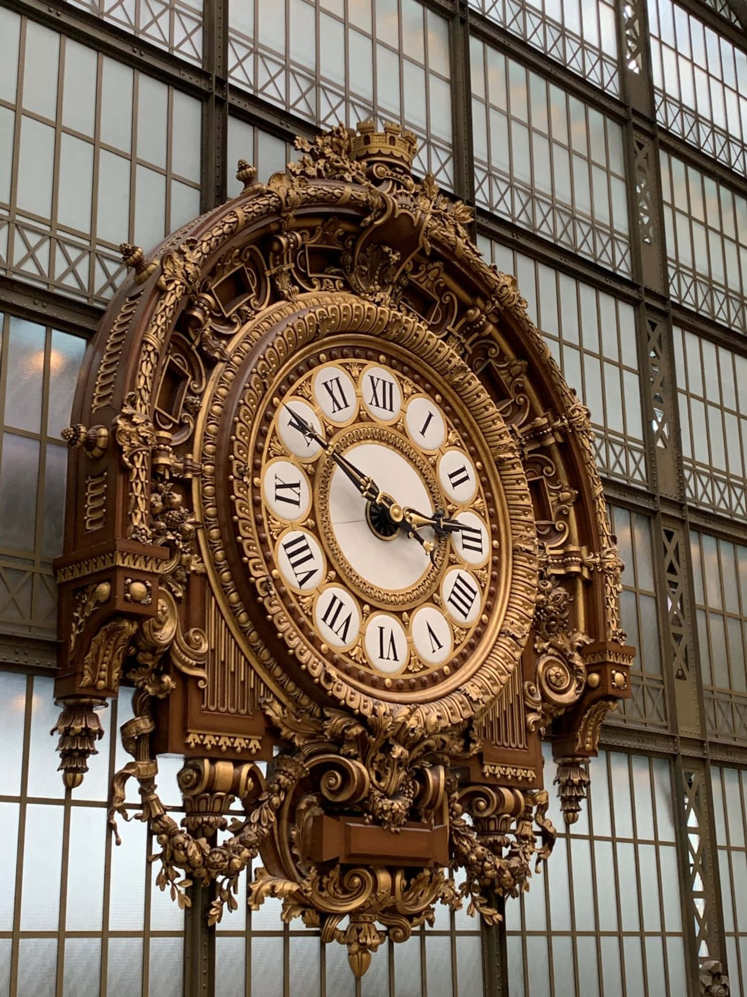 Musée Dorsay, golden clock, Roman numerals, Full HD Phone Wallpaper