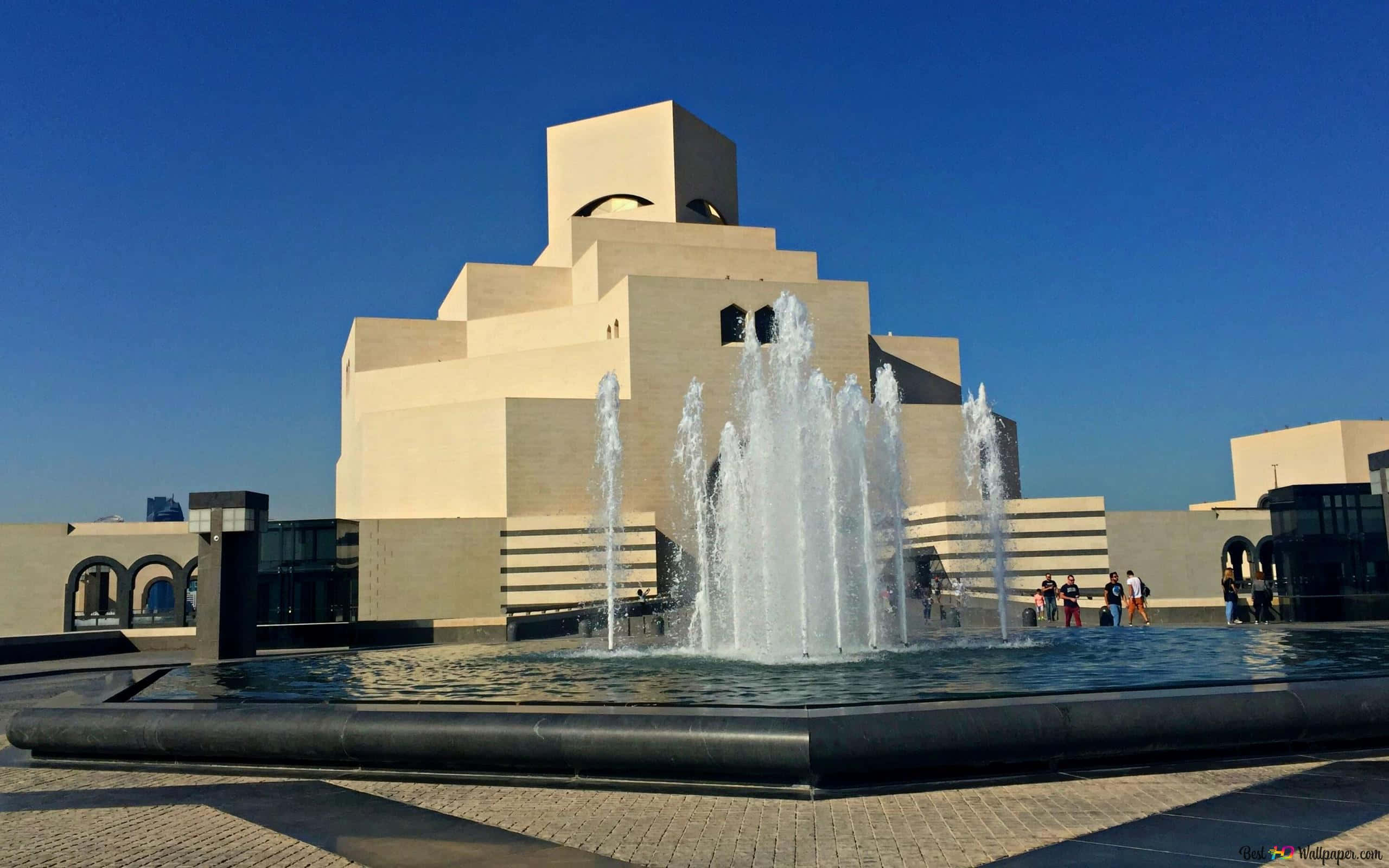 Museum Of Islamic Art, beige geometric museum, central fountain, 2K Desktop Wallpaper