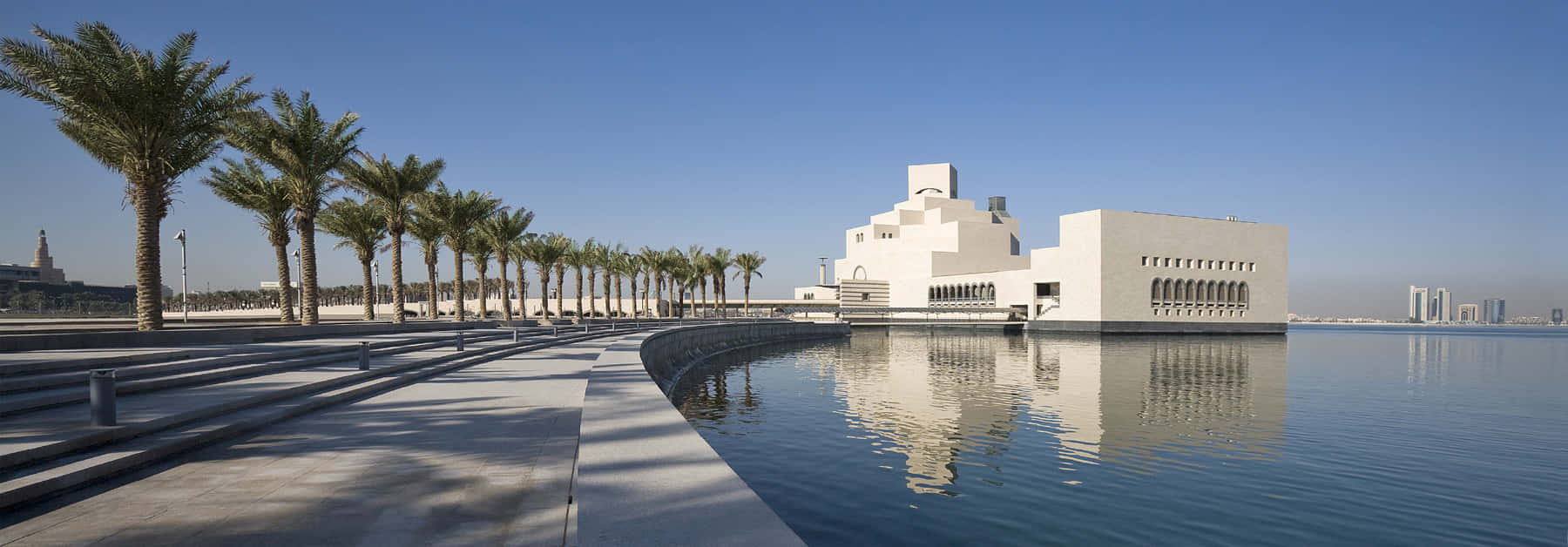 Museum Of Islamic Art, modern white museum building, calm water, HD Desktop Wallpaper