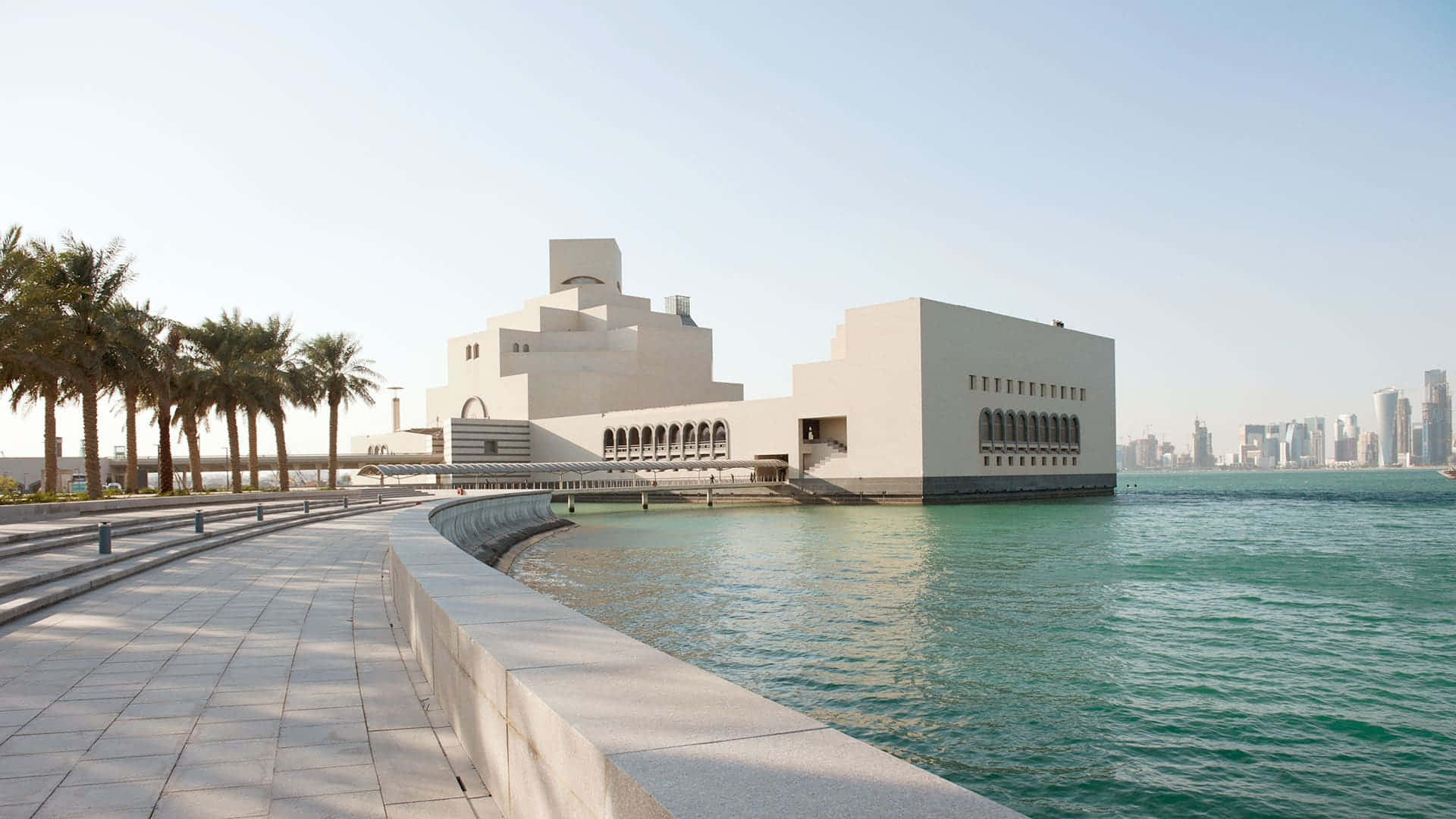 Museum Of Islamic Art, turquoise water, palm trees, Full HD Desktop Wallpaper