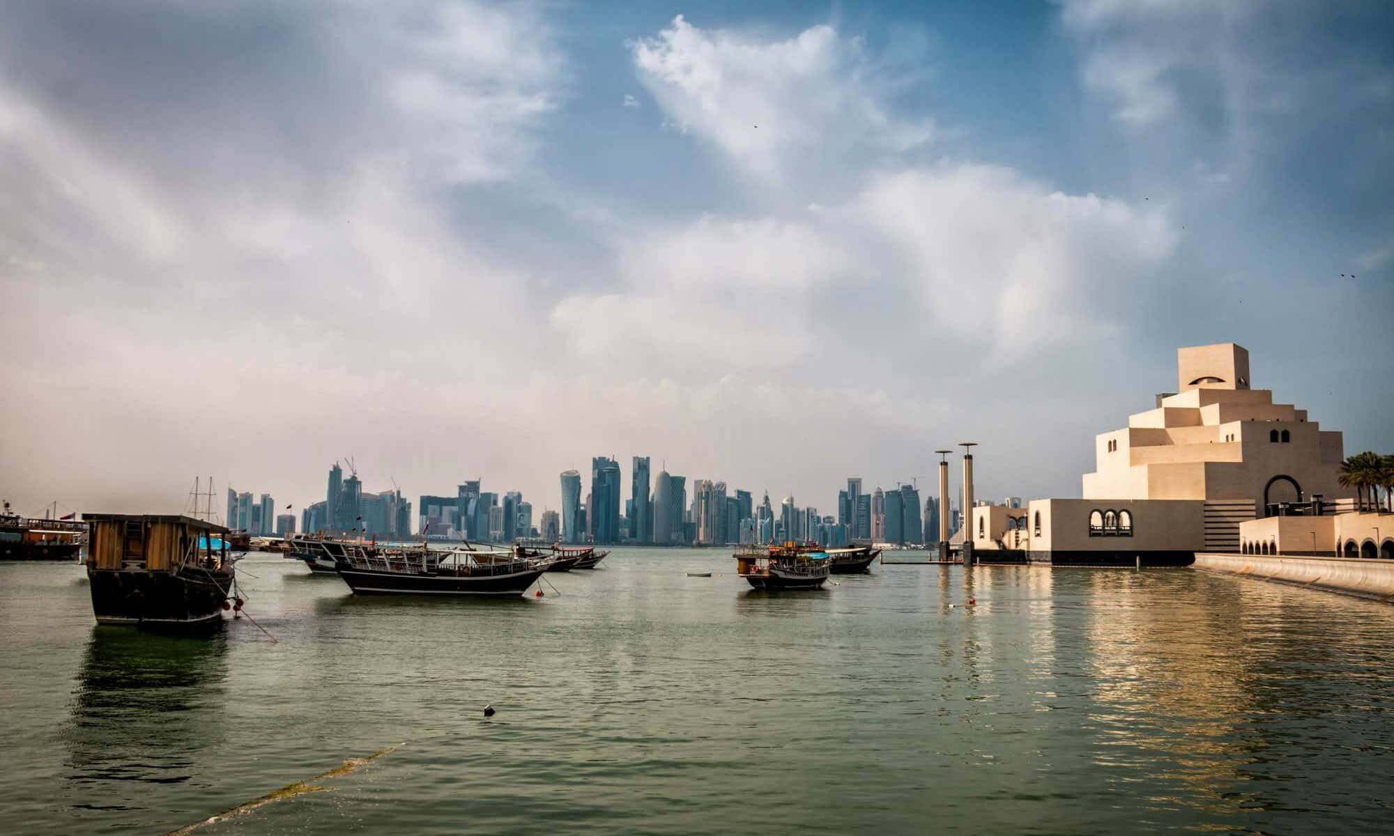 Museum of Islamic Art, traditional wooden boats, calm waters, Full HD Desktop Wallpaper