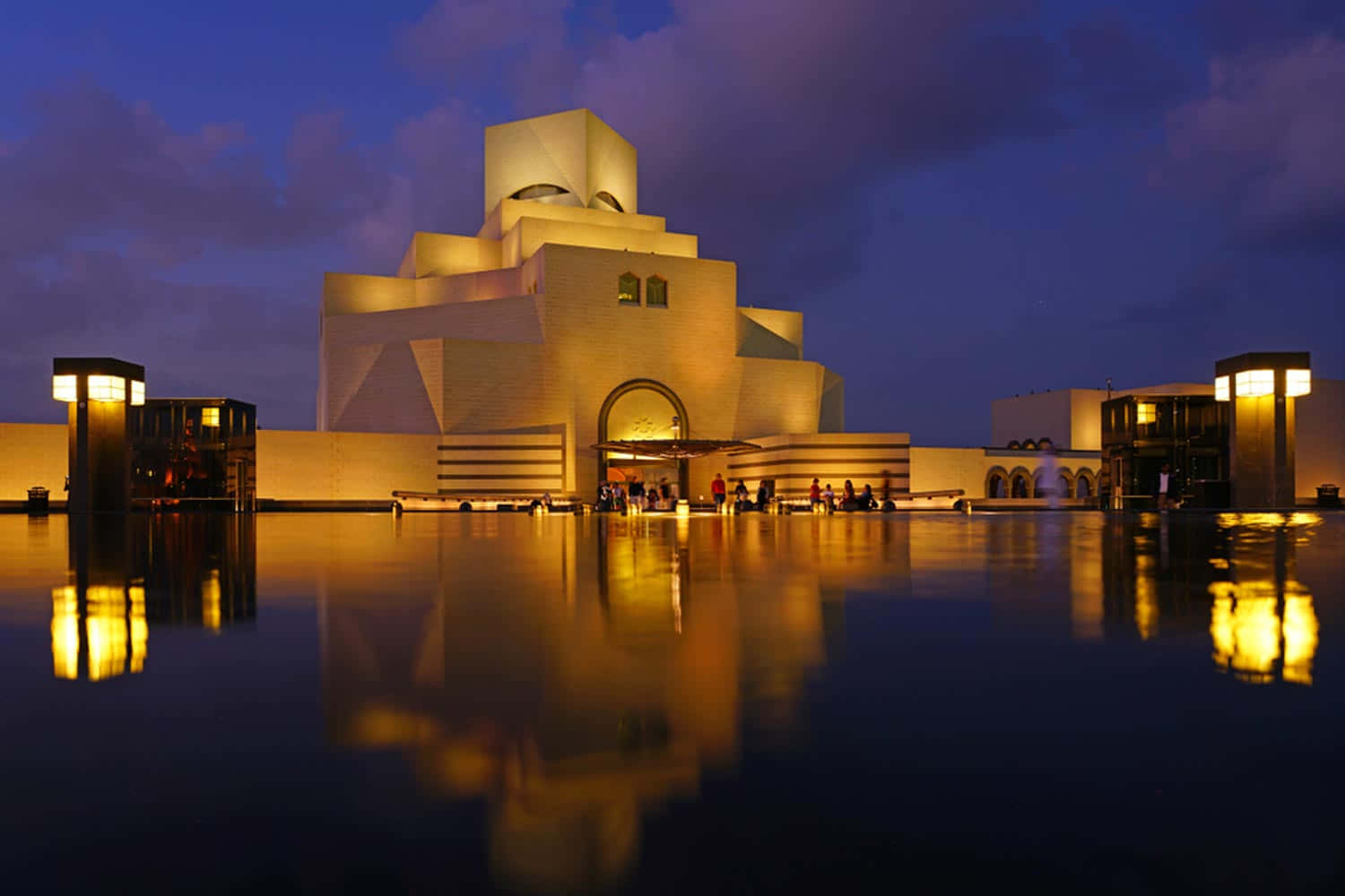 Museum Of Islamic Art, purple and gold aesthetic, calm pool, HD Desktop Wallpaper