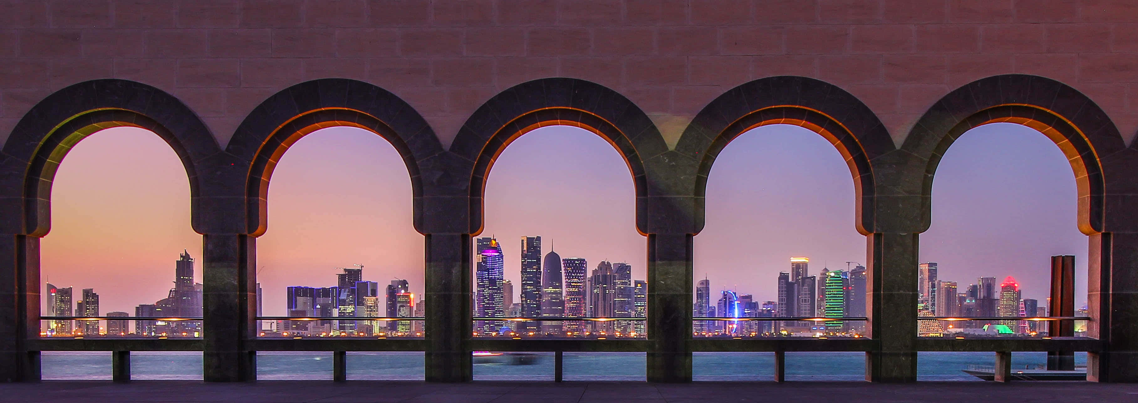 Museum Of Islamic Art, purple aesthetic, stone arches, 2K Desktop Wallpaper