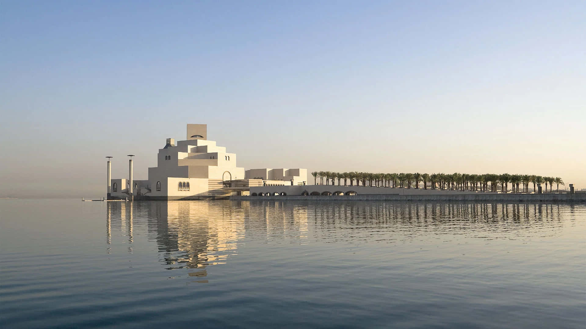 Museum Of Islamic Art, white geometric museum, calm water, Full HD Desktop Wallpaper