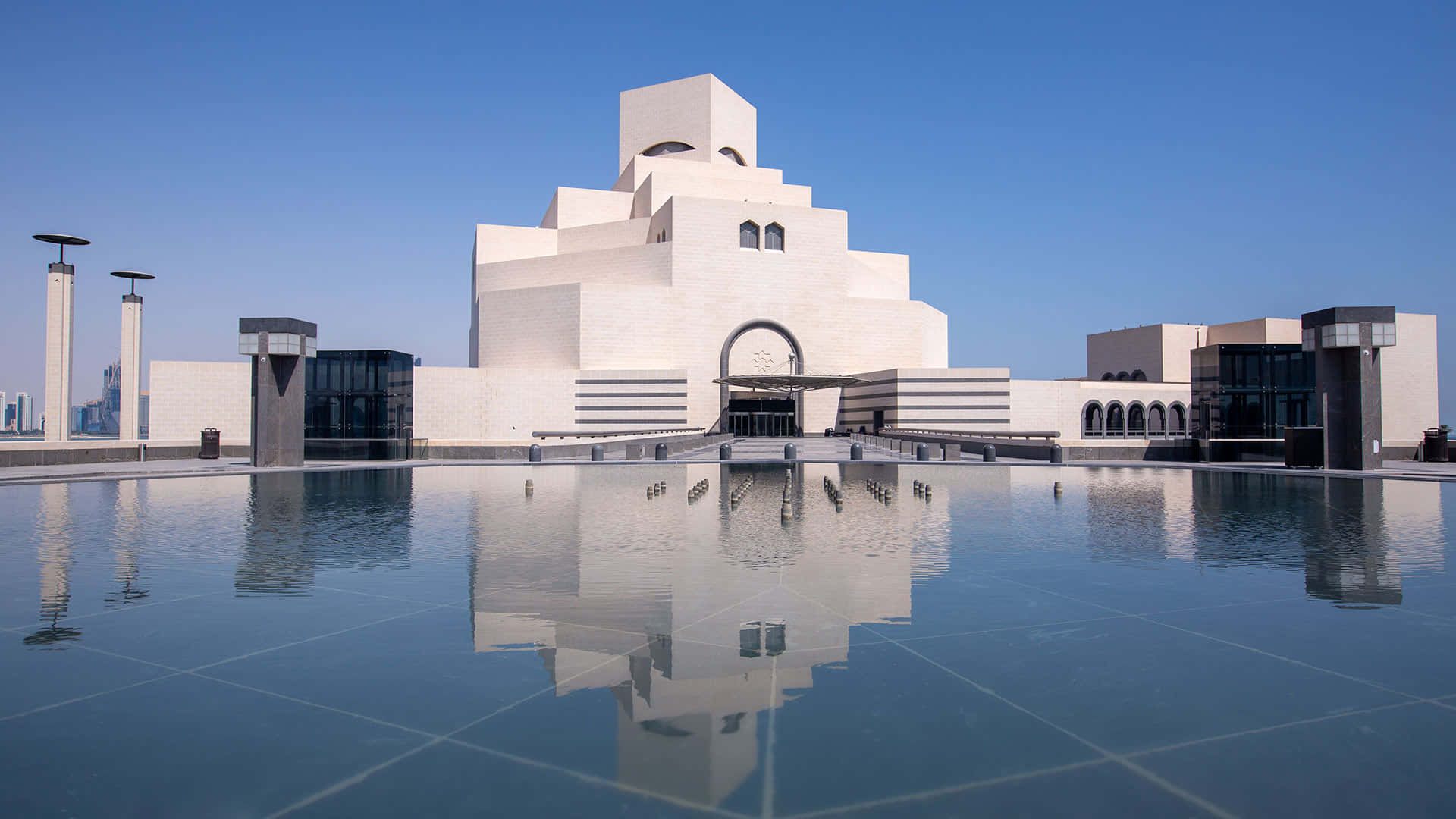 Museum of Islamic Art, dusky blue hues, white geometric museum, Full HD Desktop Wallpaper