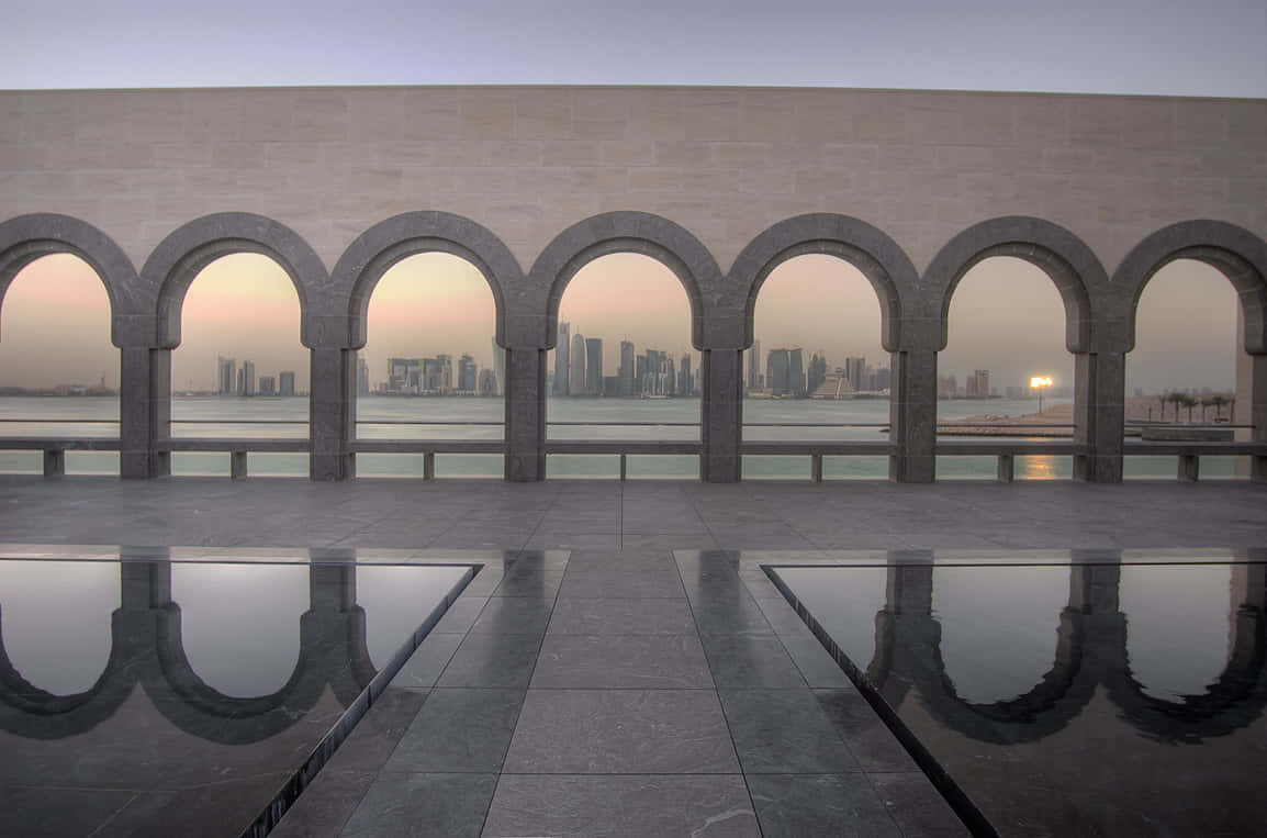 Museum Of Islamic Art, stone arches, hazy city skyline, SD Desktop Wallpaper