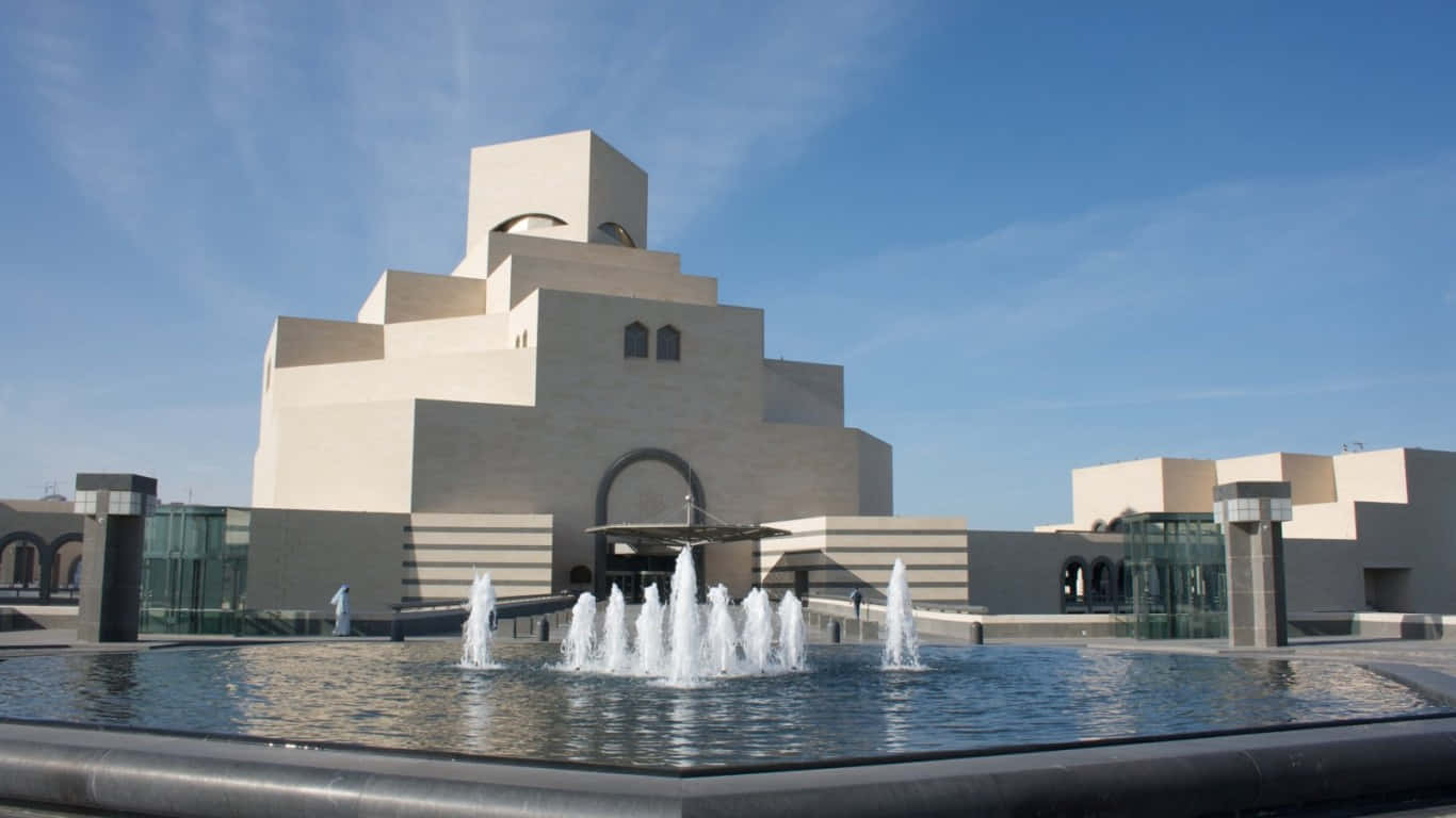 Museum Of Islamic Art, fountain, beige stepped museum building, HD Desktop Wallpaper