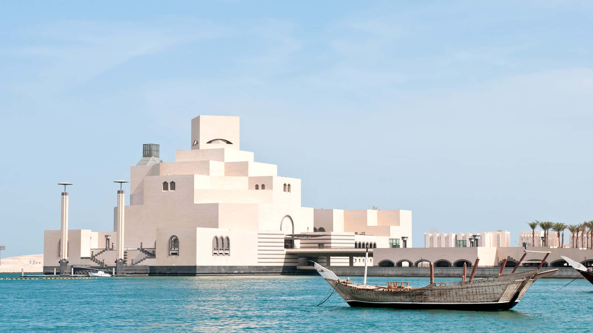 Museum of Islamic Art, traditional wooden dhow, turquoise waters, Full HD Desktop Wallpaper