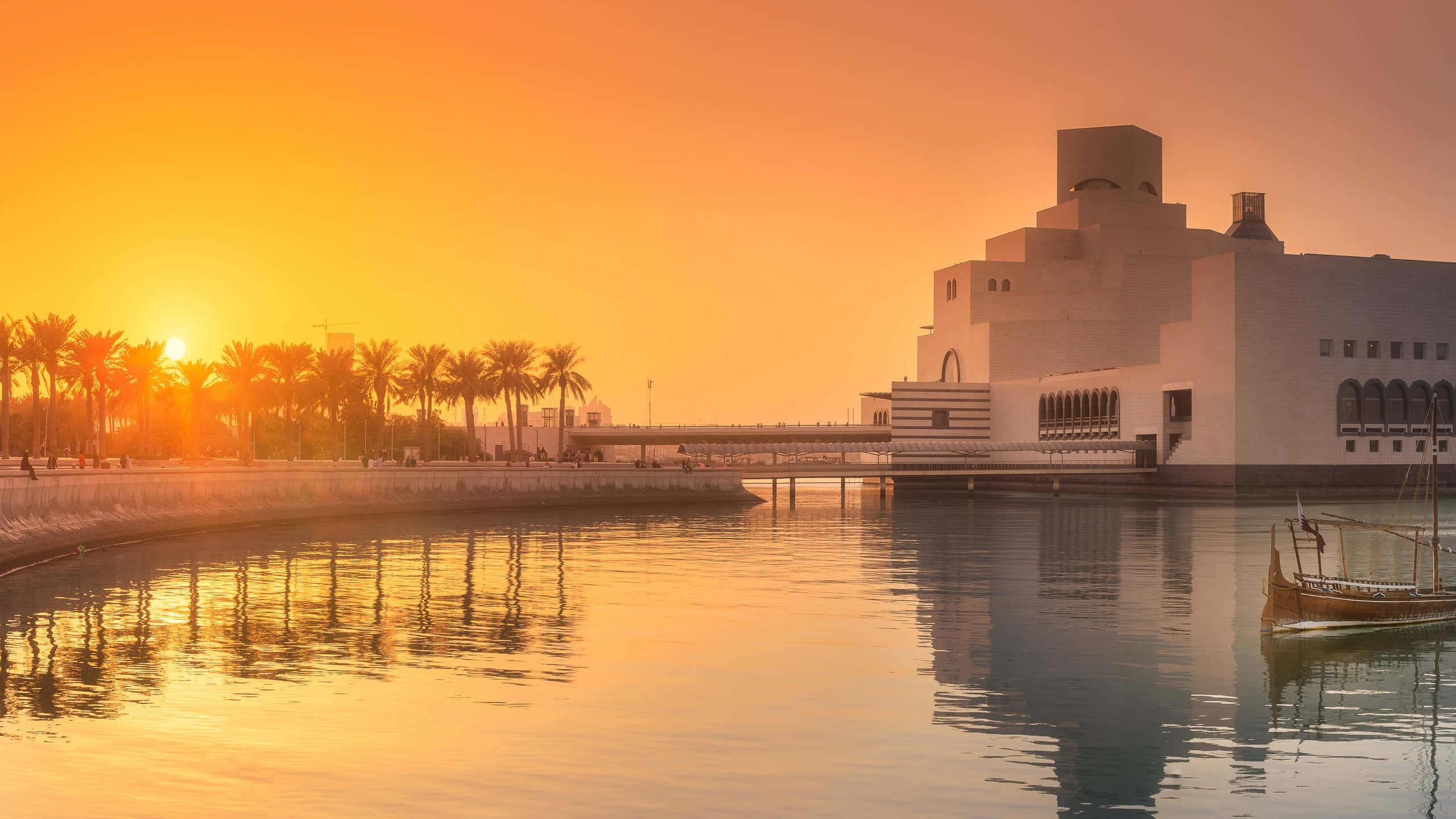 Museum Of Islamic Art, sunset sky, calm waters, 2K Desktop Wallpaper