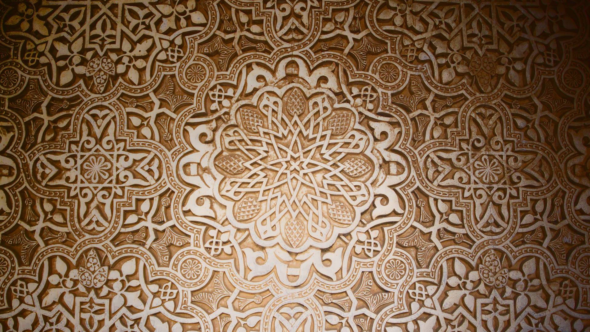 Islamic art pattern, intricate carved wooden panel, symmetrical floral and geometric patterns, Full HD Desktop Wallpaper