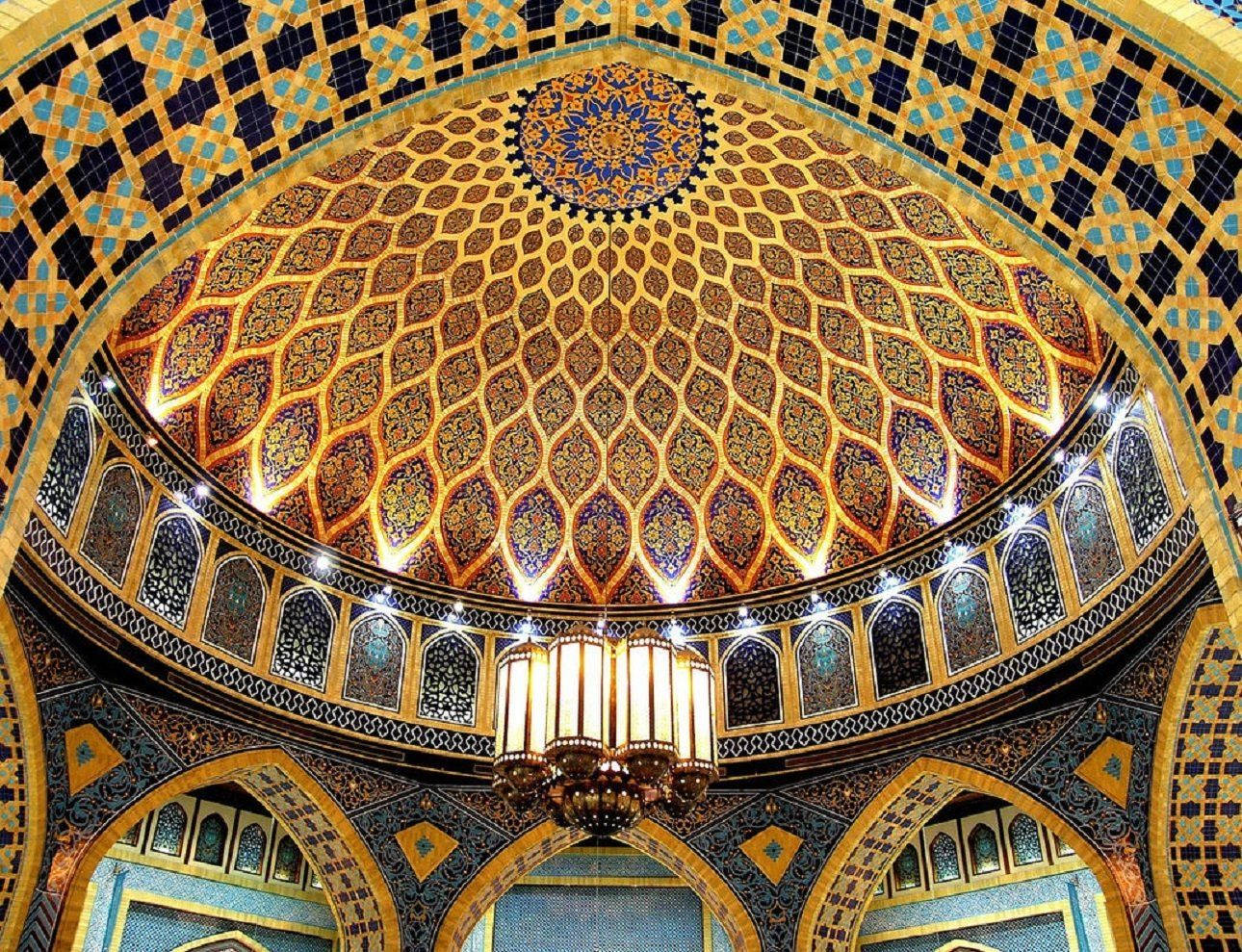 Islamic architecture interior, golden geometric patterns, blue tiles, HD Desktop Wallpaper