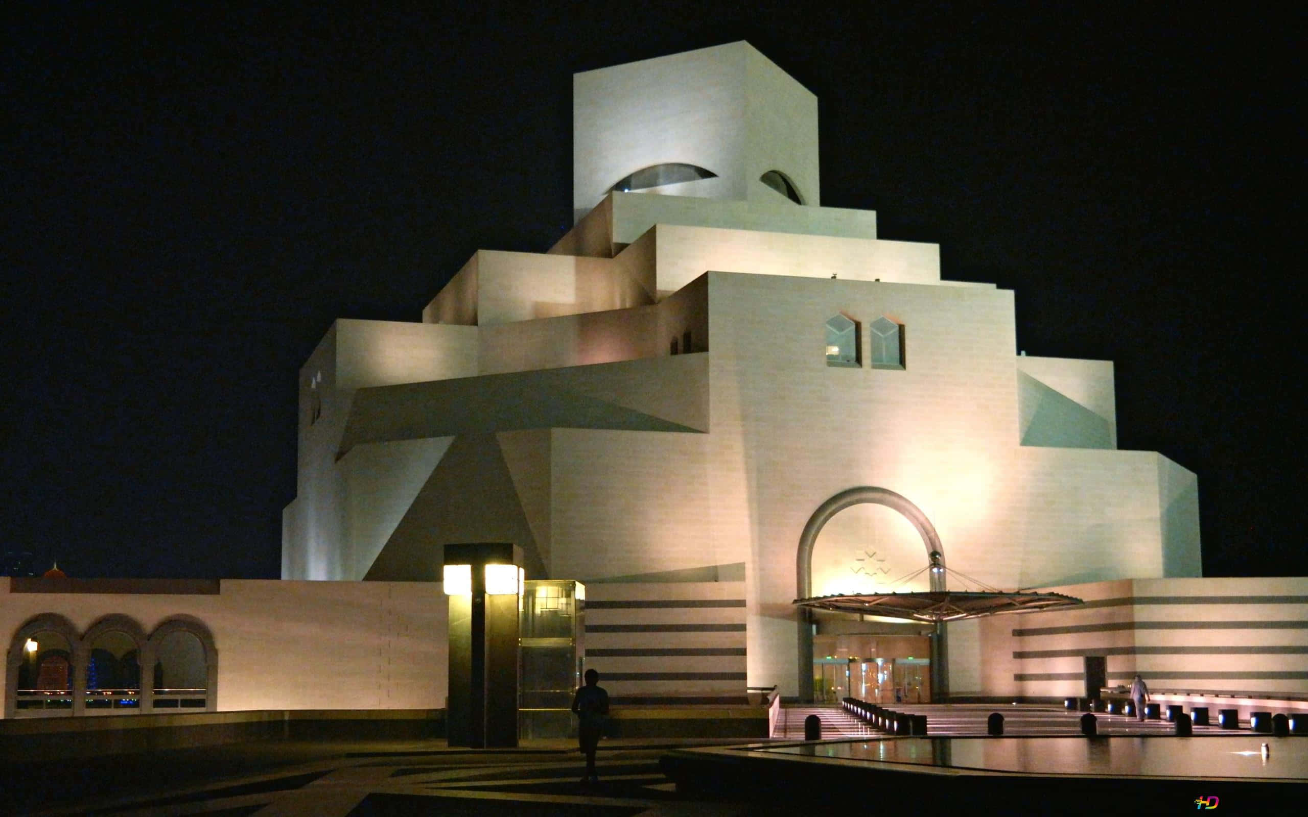 Museum Of Islamic Art, pitch black backdrop, night, 2K Desktop Wallpaper