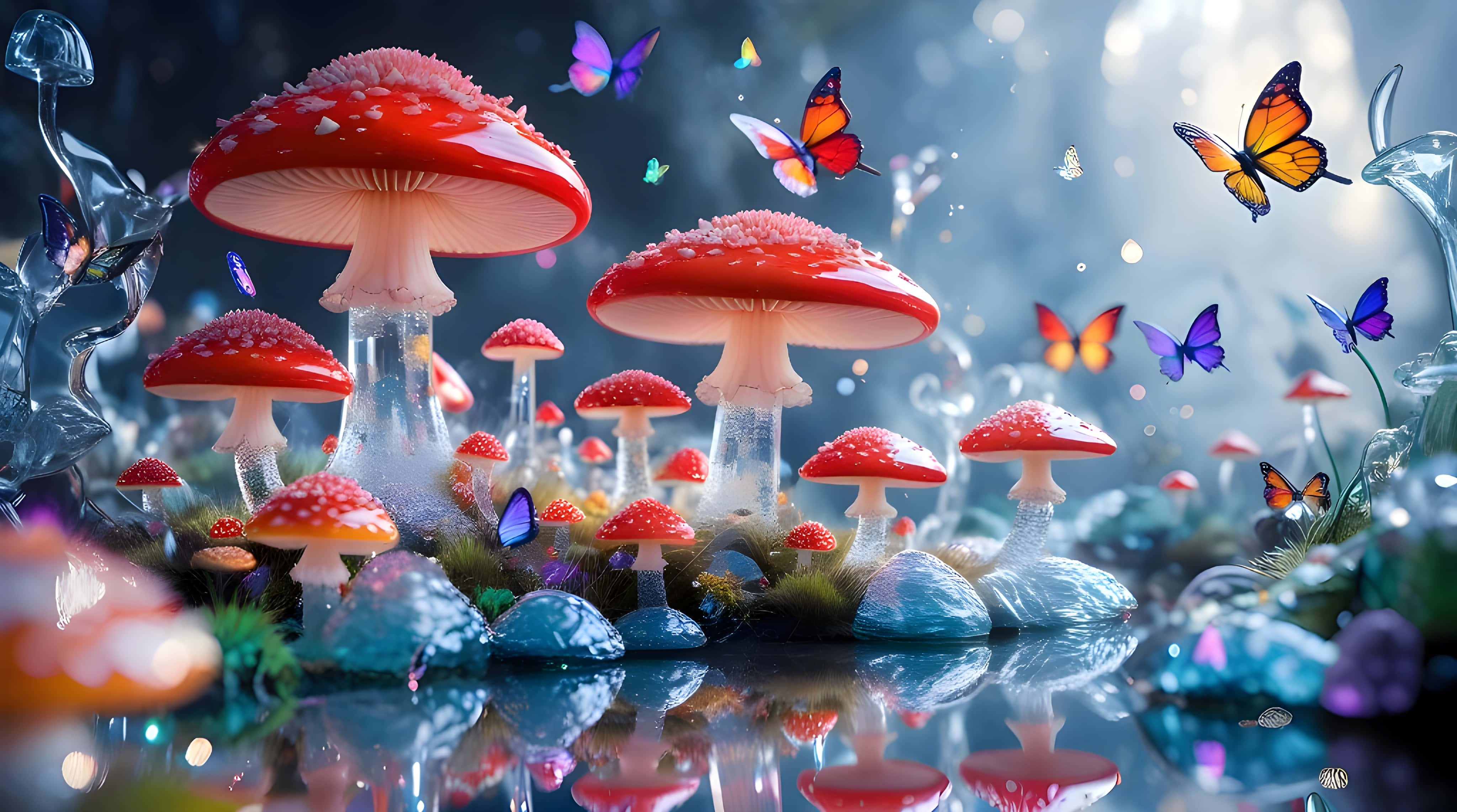 glowing red mushrooms, white spots, reflective pool, 4K Desktop Wallpaper