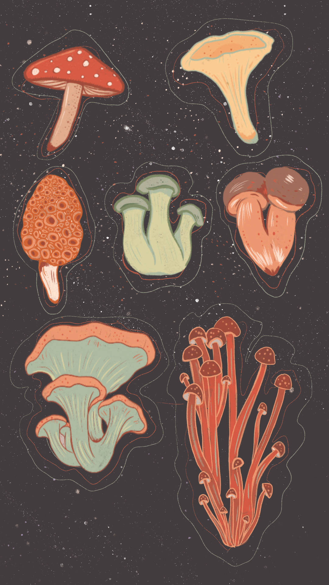 cartoon mushroom aesthetic, vibrant colors, starry cosmic background, Full HD Phone Wallpaper